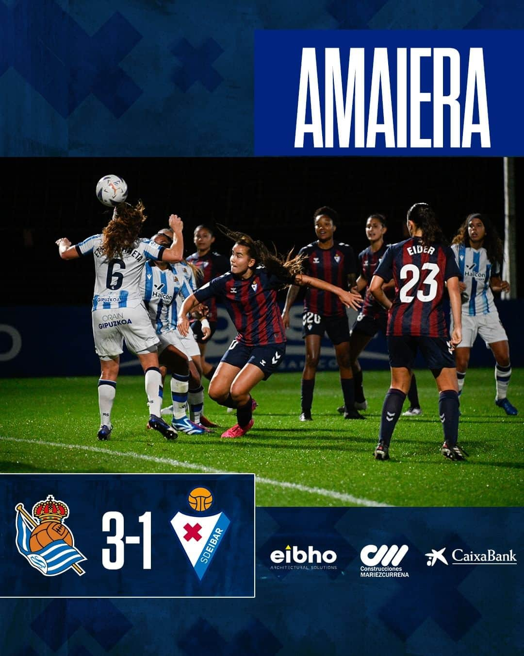 SDエイバルのインスタグラム：「𝐀𝐌𝐀𝐈𝐄𝐑𝐀 ⚔ 𝐅𝐈𝐍𝐀𝐋  Derrota de las armeras en el primer derbi de la temporada.  🆚 @RealSociedadFEM  #EibarFem | #BetiArmaginak ⚔️」