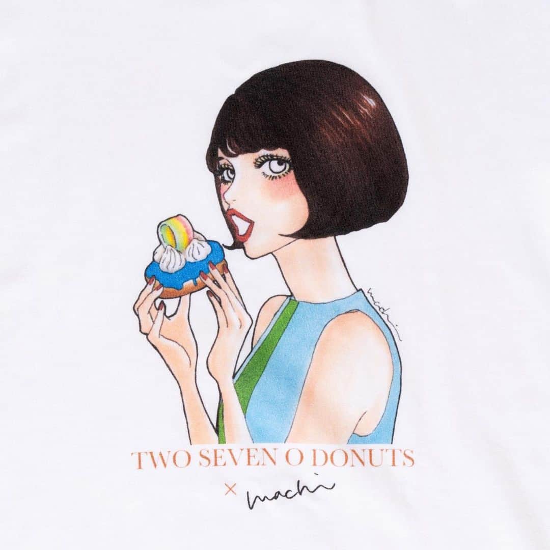 machiさんのインスタグラム写真 - (machiInstagram)「Tシャツ第2弾◡̈*✧  京都のドーナツショップ『270DONUTS』とのコラボグッズです。 ドーナツ食べてる女の子ってなんであんなに可愛いんでしょ♡って気持ちを込めて描いたイラストです。 こちらもどんなファッションにも合わせやすいかと。 イラストの位置とかサイズとこだわりまくりました。 今主流のハイウエストに合わせてもイラストが隠れない位置とサイズ感です。  11月17日から期間限定発売です。」10月14日 19時32分 - material_2014