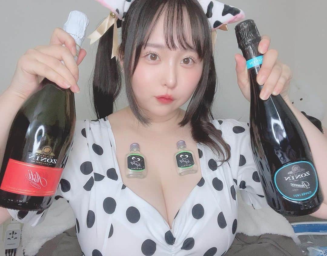 上田ミルキィのインスタグラム：「生誕前祝い飲酒タライブありがとうございました~🍾✴︎ .。  投げ酒もほんとうにありがとう😭💕  久々にたっぷり飲めて幸せでした🥂🫧 おやすみ〜🐮🌃💤」
