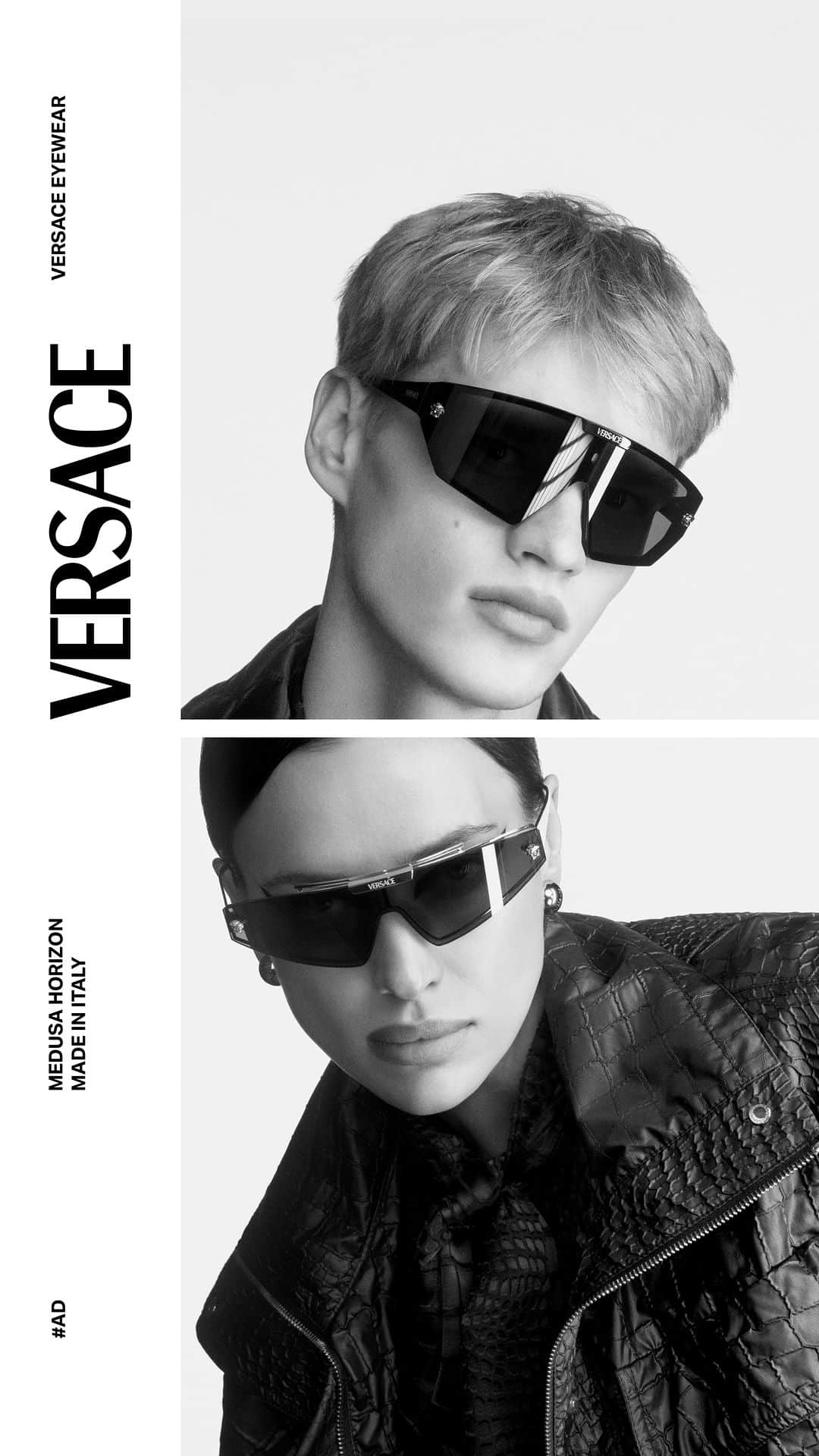 ジャンニヴェルサーチのインスタグラム：「Versace Eyewear 2023 Campaign  Irina and Filip wear Medusa Horizon sunglasses  #VersaceFW23 #VersaceEyewear #VersaceSunglasses」