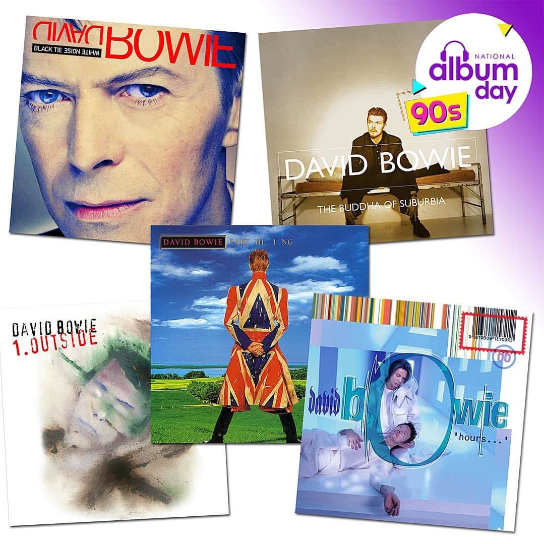 デヴィッド・ボウイのインスタグラム：「NATIONAL ALBUM DAY TODAY IN THE UK  “...popular musics and aftershocks…”  With the focus on the 1990s, today is National Album Day in the UK.   We thought we’d open it up worldwide and ask if you have a favourite of the five solo studio albums Bowie released in that decade?  In the unlikely event that you’re unaware of Bowie’s oeuvre from the period, here it is in order of release...  1993 - Black Tie White Noise 1993 - The Buddha Of Suburbia 1995 - 1. Outside 1997 - Earthling 1999 - ‘hours…’  FOOTNOTE: While we have focused on the solo albums from the 90s, feel free to mention 1991’s Tin Machine II if that’s your personal favourite. Previous polls have suggested it might not be.   #NationalAlbumDay2023  #Bowie90s」