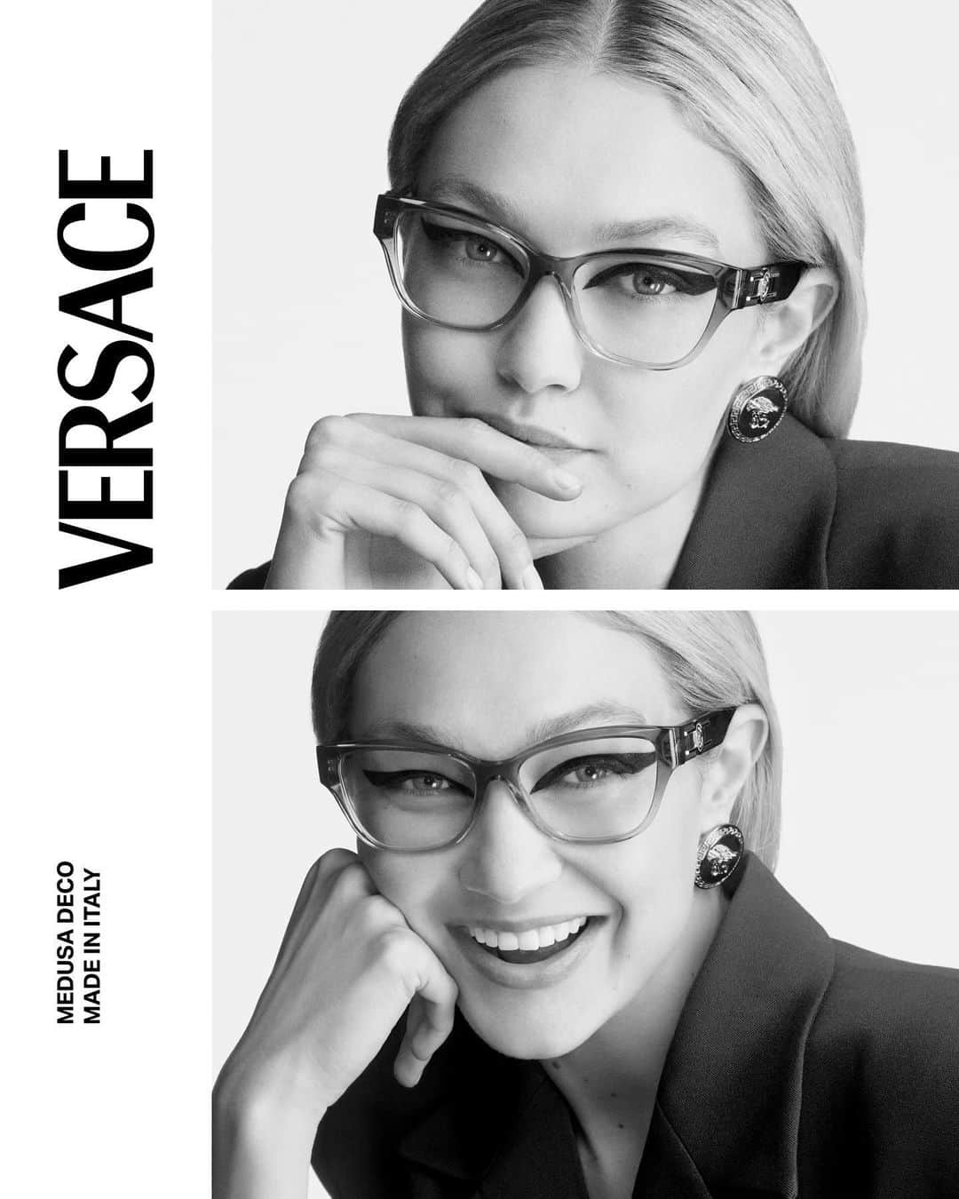 ジャンニヴェルサーチのインスタグラム：「Versace Eyewear 2023 Campaign  Gigi wears Medusa Deco optical glasses  Photography by Ilya Lipkin  #VersaceFW23 #VersaceEyewear #VersaceSunglasses」