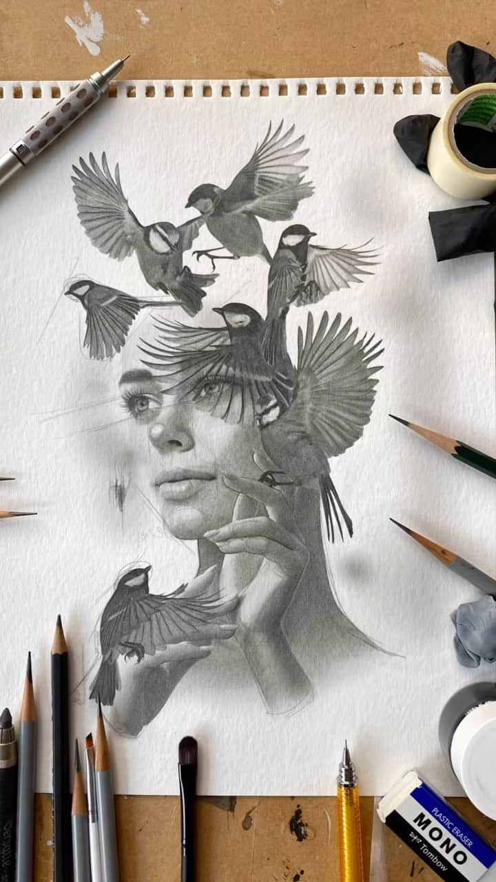 目黒ケイのインスタグラム：「Pencil on paper, my weapon of choice. See below for details + the tools I use✍🏼  Paper: @strathmoreart Bristol and Watercolor paper Notebook: @leuchtturm1917  Pencils: F-6B a mix of @fabercastellglobal @winsorandnewton @staedtler  Mechanical pencils: @tombowpencil @pentel_official  Fixative spray: @grumbacherart  Others: Graphite powder (no brand)  Drafting table: Vintage OSLO  Cart: Vintage Joe Colombo Boby Cart from @artschoolcowboy  Chair: Vintage cane chair from @homeunion  Rug: Vintage Tiger rug from Tibet Dogs: Priceless   #draw #drawing #artist #art #artstudio」