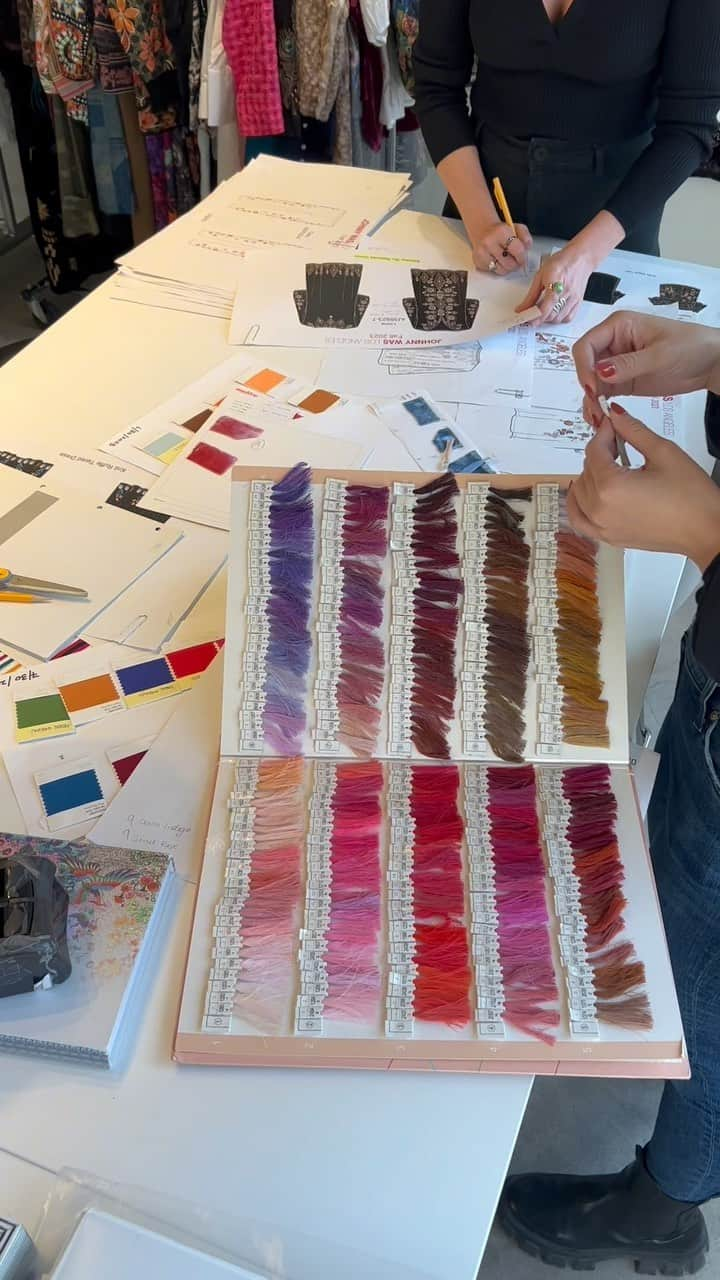 ジョニーワズのインスタグラム：「Details designed with care. Our talented design team puts so much thought into every color, stitch and fabric in our embroidered designs.」