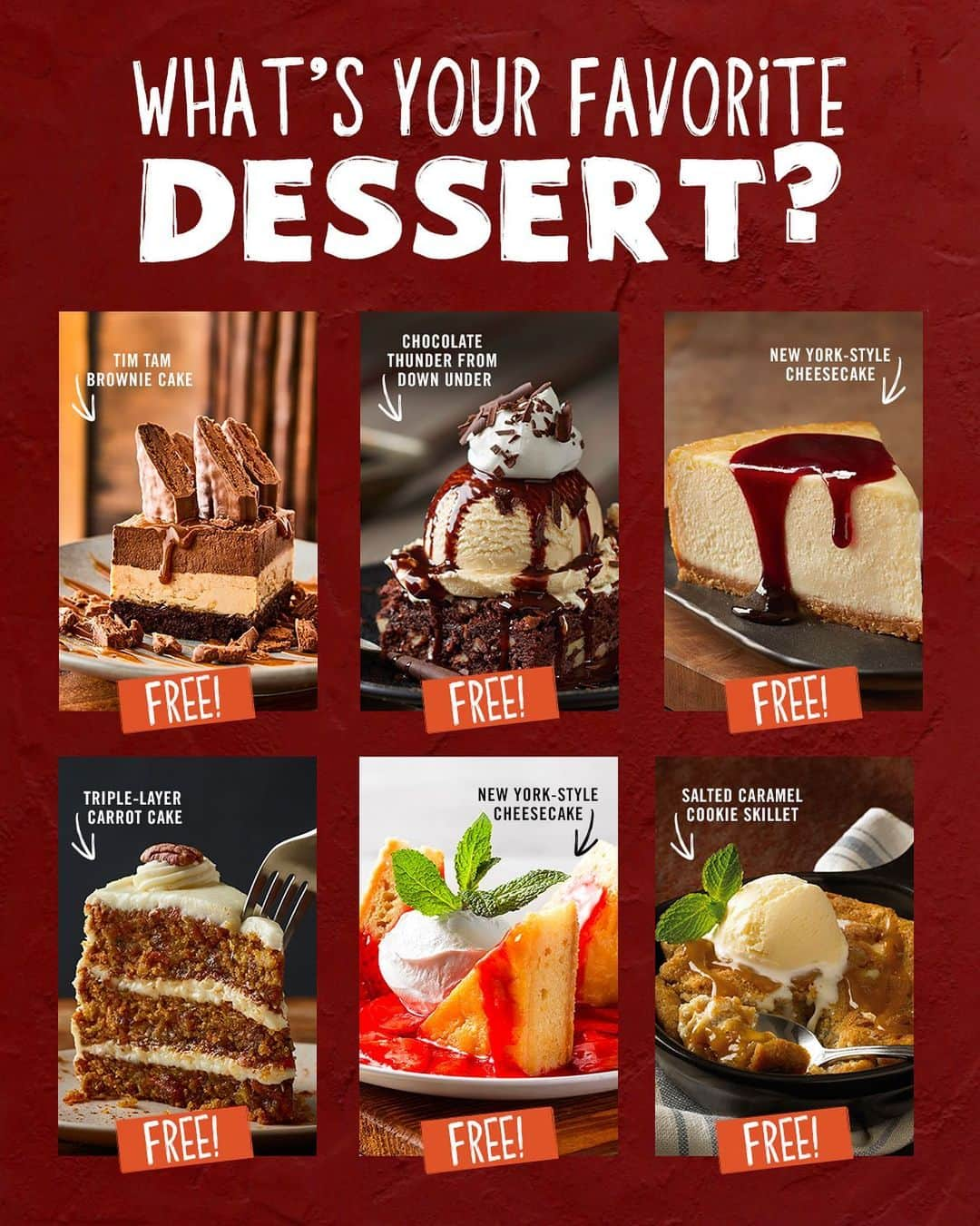 Outback Steakhouseのインスタグラム：「Comment below the FREE dessert you’re celebrating #nationaldessertday with.   *Get a FREE dessert with purchase of an adult entrée this weekend, 10/14 and 10/15. Available when you dine in or use code SWEETS when you order at Outback.com/order. Available at participating locations. Restrictions apply.」