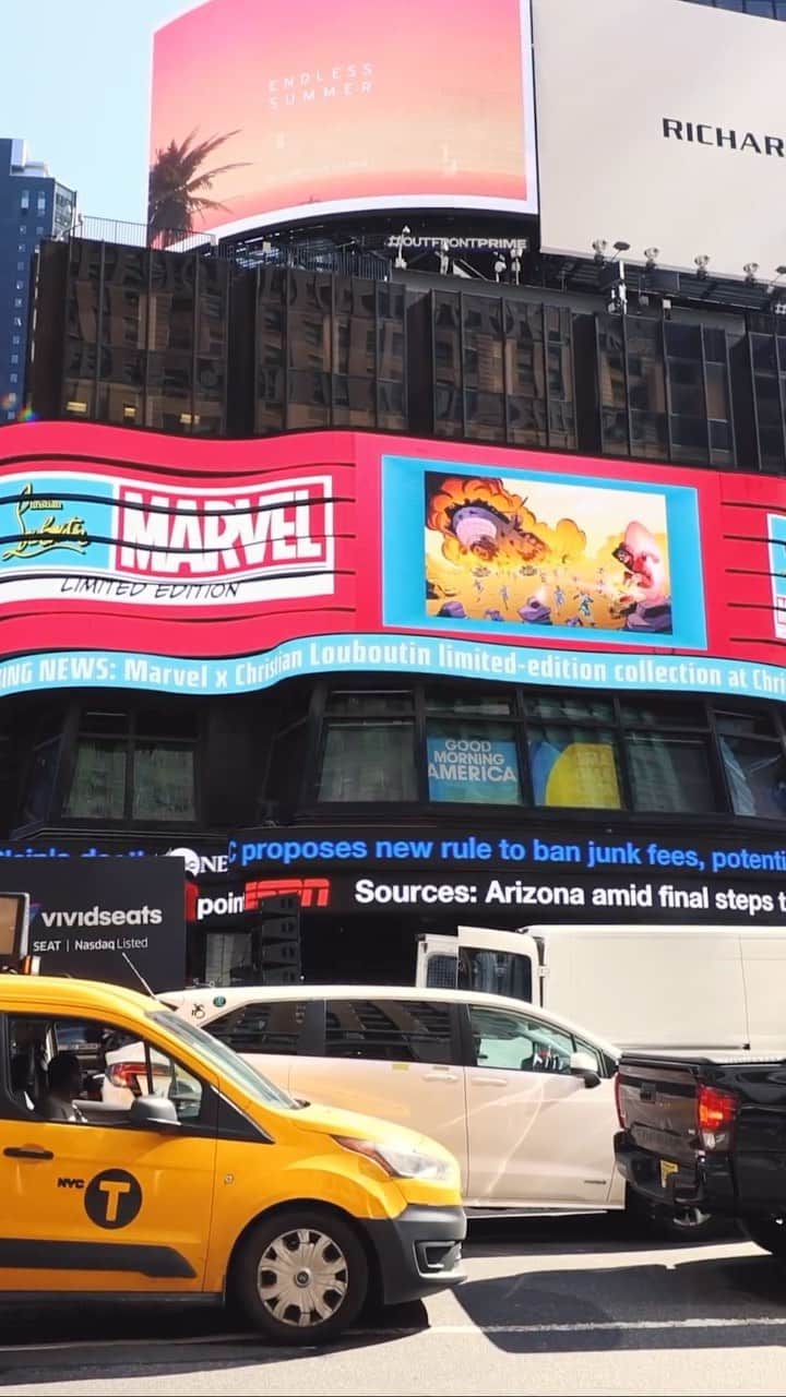 クリスチャンルブタンのインスタグラム：「Christian Louboutin x @Marvel is in Times Square, New York! Have a glimpse of our special animation in the heart of the Big Apple...  #Marvel #ChristianLouboutin #Disney100」