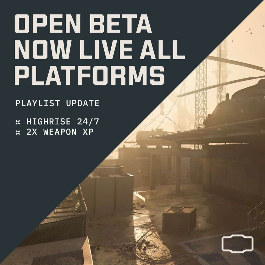 スレッジハンマー・ゲームズのインスタグラム：「#MW3 Open Beta is now live across all-platforms!   🏙️ Featured Playlist: Highrise 24/7 🔫 2X Weapon XP Enabled」