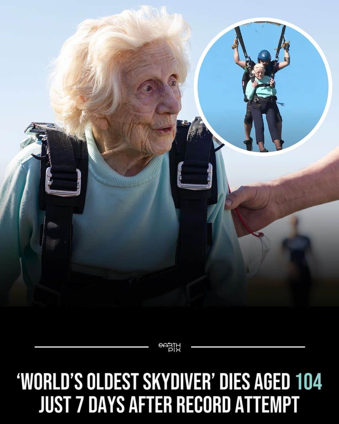 Earth Picsのインスタグラム：「Dorothy Hoffner, a remarkable 104-year-old from Chicago, recently undertook a skydiving feat that could place her in the Guinness World Records as the oldest individual to ever skydive. Tragically, she was found to have peacefully passed away in her sleep by the staff at Brookdale Lake View senior living community on Monday.   Hoffner's inspirational act is a testament to all that age is merely a number, and it's never too late to chase our dreams. Her fearless pursuit serves as a shining example, reminding us to embrace life and chase our passions, no matter our age.  🎥 Daniel Wilsey High Flight LLC」