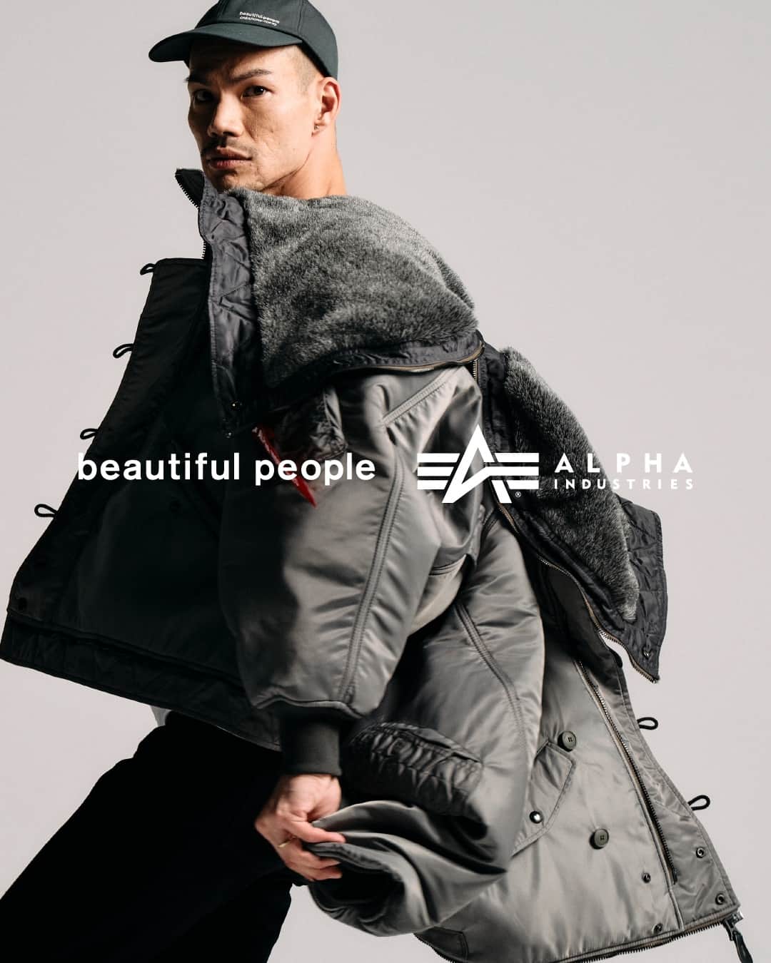 ビューティフルピープルさんのインスタグラム写真 - (ビューティフルピープルInstagram)「#DOUBLEEND beautiful people x ALPHA INDUSTRIES @alphaindustries @alpha_industries_japan⁠ 4-WAY flight jacket⁠ ⁠ ◻︎ ⁠beautiful people x ALPHA INDUSTRIES double-end nylon flight jacket⁠ color: ⁠gray*navy⁠ size: ⁠34/36/38/40/42⁠ material: ⁠nylon 100%⁠ ALPHA INDUSTRIESとのコラボレーションブルゾン。上下逆さまに着用することで、N-2BがMA-1へと変化します。さらにリバーシブルで着用することで、オリジナルのネイビーカラーに。⁠ 確かな実績を誇るALPHA縫製工場にて作成された本格仕様です。ダブルエンドならではのボリューム感とデザインのありそうでない1着に。⁠ ⁠ ⁠ ALPHA INDUSTRIES and beautiful people have collaborated for the first time to launch a new 4-way bomber jacket with authentic military specifications.⁠ ⁠ Inspired by a test sample of a 1958 N-2B flight jacket, which was never released to the public, and ALPHA's signature MA-1 vintage flight army, this bomber jacket is a surprising 4-way specification that can be worn inside-out and upside-down.⁠ ⁠ ___⁠ ⁠ ⁠ ■Online store⁠ www.beautiful-people.jp⁠ ⁠ ■Global Online store⁠ www.beautiful-people-creations-tokyo.com⁠ ⁠ ■ 青山店⁠⁠⁠⁠ 東京都港区南青山3-16-6⁠⁠⁠⁠ ⁠⁠⁠⁠ ■ 新宿伊勢丹店⁠ 伊勢丹新宿店本館2階⁠ TOKYOクローゼット/リ・スタイルTOKYO⁠⁠⁠⁠ ⁠⁠⁠⁠ ■ 渋谷PARCO店⁠ 渋谷パルコ2階⁠ ⁠ ■ ジェイアール名古屋タカシマヤ店⁠ ジェイアール名古屋タカシマヤ4階⁠ モード＆トレンド「スタイル＆エディット」⁠⁠⁠⁠ ⁠⁠⁠⁠ ■⁠阪急うめだ店⁠ 阪急うめだ本店3階　モード⁠⁠⁠⁠ ___⁠ ⁠ #beautifulpeople⁠⁠⁠ #ビューティフルピープル⁠⁠⁠ #SideC ⁠ #DOUBLEEND⁠ #ダブルエンド⁠ #collaboration⁠ #コラボ⁠ #MA1⁠ #N2B⁠ #reversible⁠ #4way⁠ #flightjacket⁠ #blouson⁠ #ALPHAINDUSTRIES⁠ #ALPHA」10月15日 7時00分 - beautifulpeople_officialsite