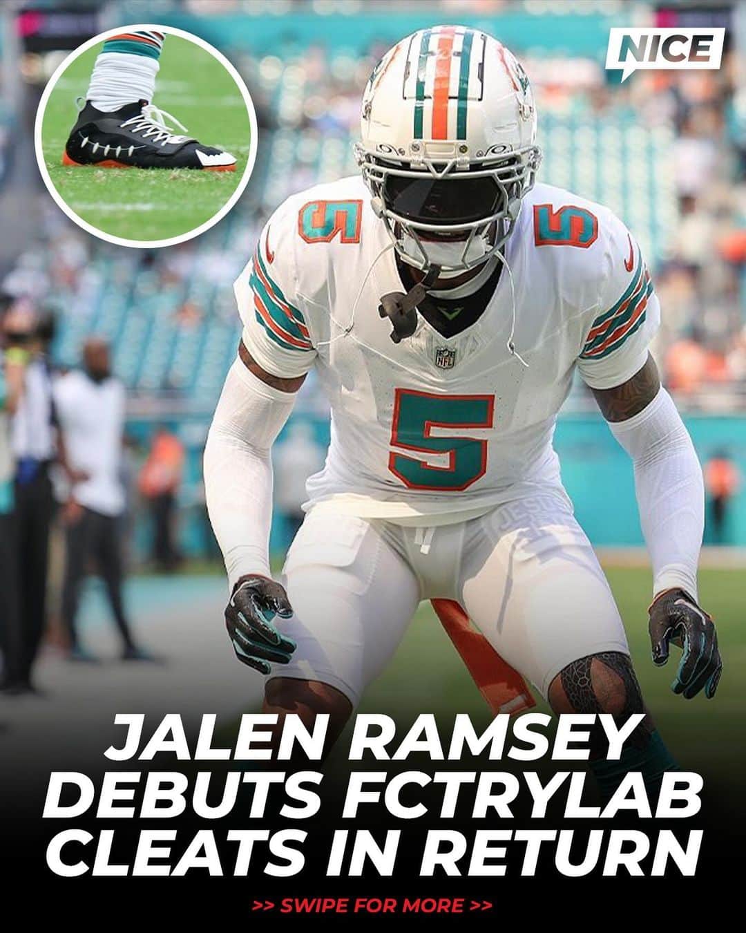 Nice Kicksのインスタグラム：「Jalen Ramsey made his return to the NFL and @miamidolphins debut wearing a pair of @fctrylab JR1 cleats 🐬🔥🏈  Earlier this year (last slide), Ramsey and the FCTRY LAb team designed the cleat with a cast mold + custom last. Even the cleat plate was custom designed with each stud positioned in a specific place to ensure his movement wasn’t restricted 🛠️  The new cleats were tested and approved by the NFL’s partner lab and ranked amongst the top 5 performance cleats approved for NFL play this season 👀  Custom by @jordondiab 🎨」