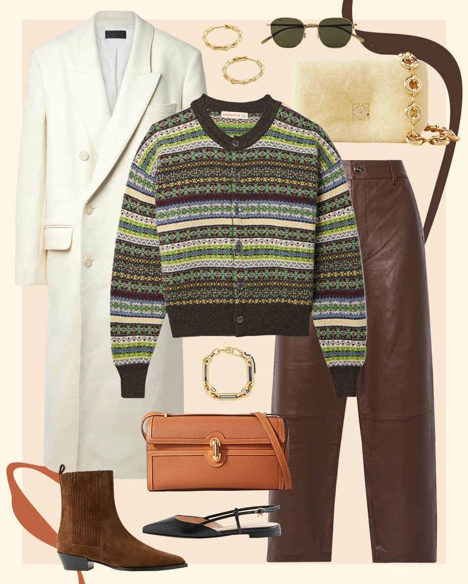 ネッタポルテのインスタグラム：「MOST WANTED: Shop the brand-new arrivals our editors are lusting after – including a Fair Isle cardigan by @anddaughter from our NET SUSTAIN edit, hero pants from @goldsigndenim in buttery chocolate leather and joyfully fluffy shearling courtesy of @loewe.  Tap the link in bio to shop at #NETAPORTER.」