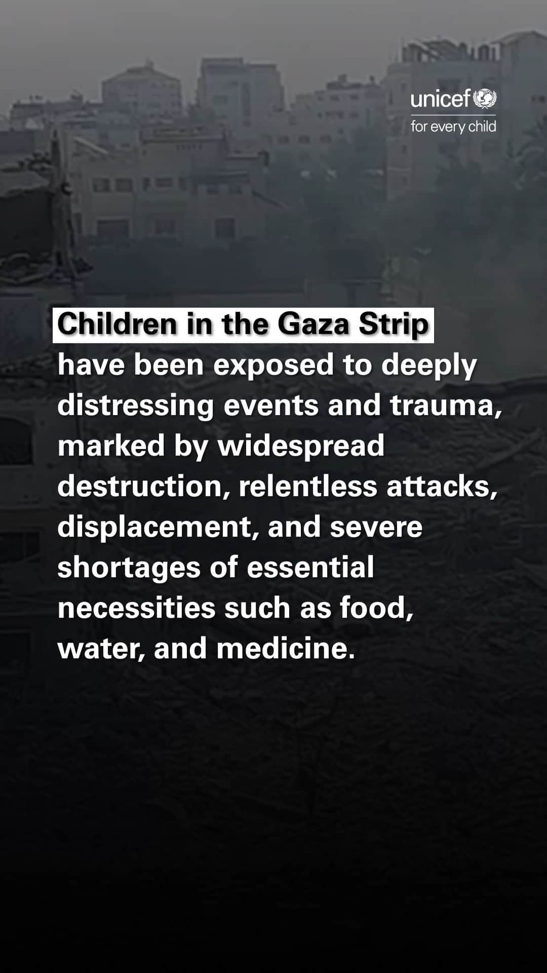 unicefのインスタグラム：「UNICEF is calling for all access crossings into Gaza to be opened for a safe, sustained and unimpeded access of humanitarian aid, including water, food, medical supplies, and fuel.」