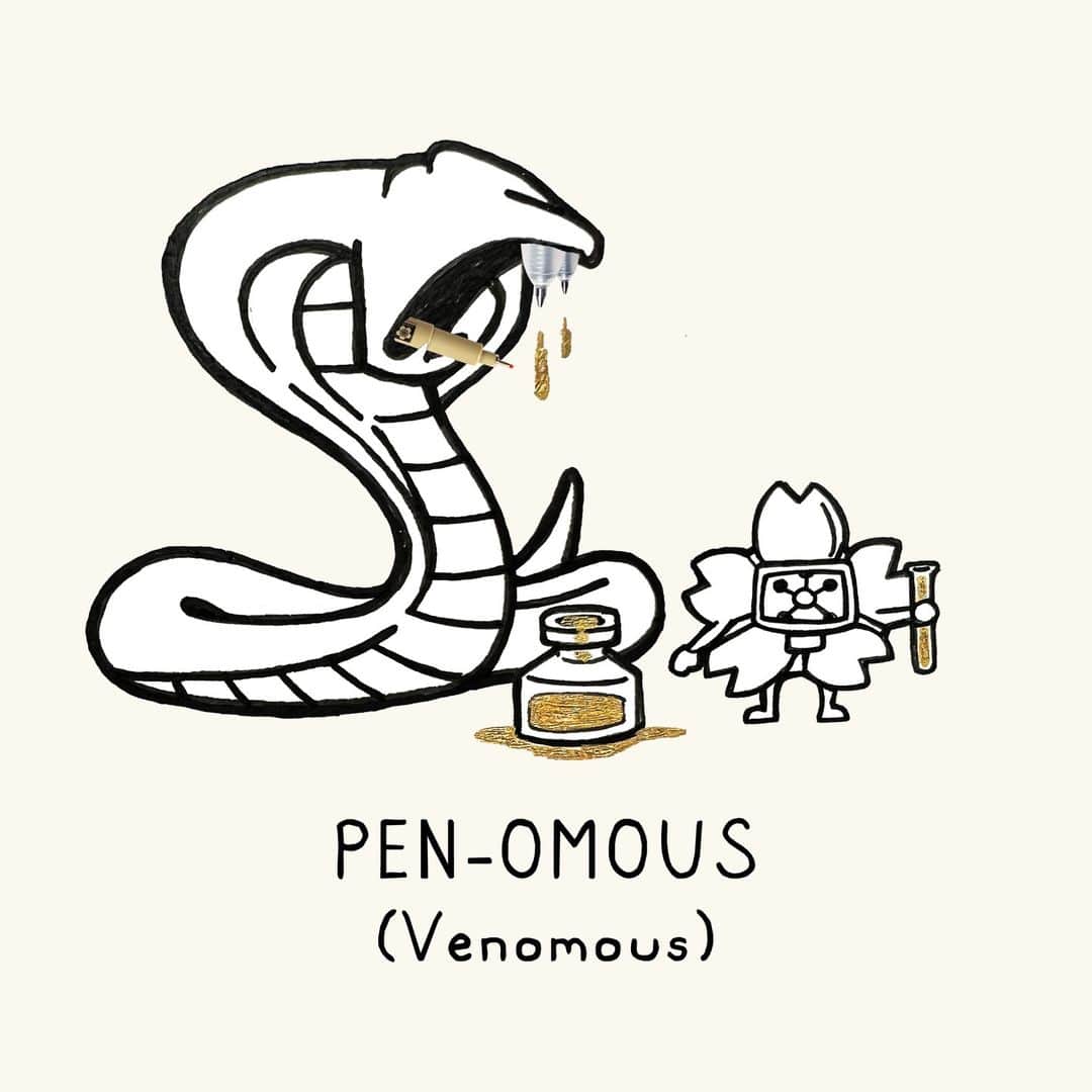 Sakura of America（サクラクレパス）のインスタグラム：「#cboctober23 Day 29: Pen-omous.   Success! I have managed to wrangle myself some of the most sought after pen-om. This golden gel, produced by the Gellysnake, can be turned into the most glorious glowing metallic ink around!  - CB (Cherry Blossom)」