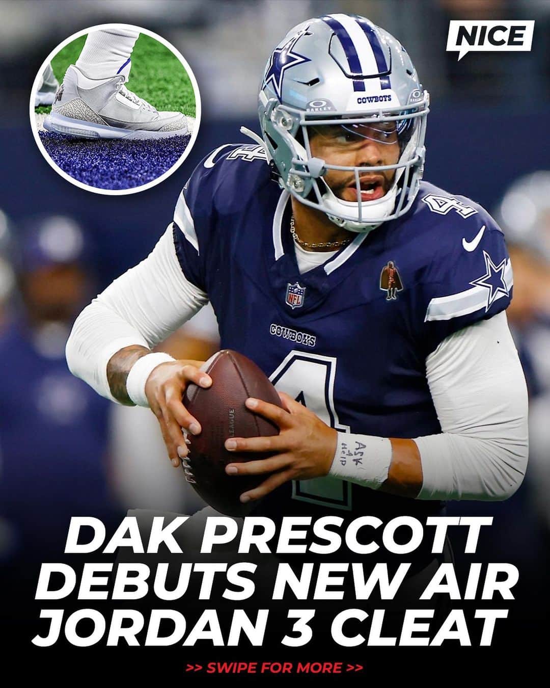 Nice Kicksのインスタグラム：「Dak Prescott brought out matching Air Jordan 3 PE cleats and AJ3 Turf PEs inspired by his NFL Man of the Year award 🏆 @nicekicksgridiron   📸: @ryanmsmith72」
