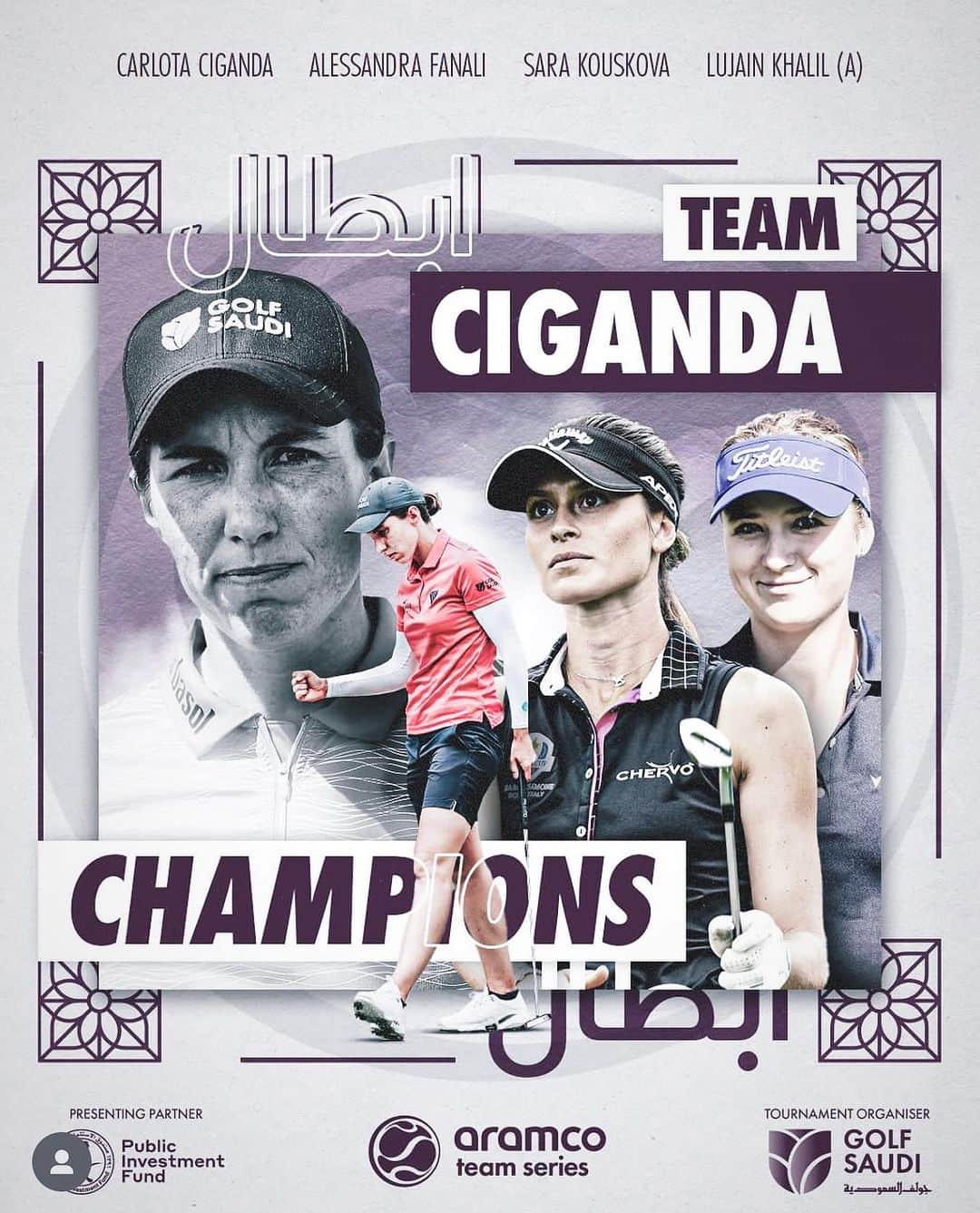 カルロタ・シガンダのインスタグラム：「Thank you @riyadhgolfclub and @aramcoteamseries for a fun week. Very proud of @alefanali @sara_kouskova @1ljgolf for fighting until the last putt and getting the WIN for the team. Also, happy with my game this week finishing T2 in the individual event.  Many congrats to @thealisonlee Very impressive golf all week 👏👏👏  Excited for a week off in 🇪🇸  Thanks everyone for the support 🙏」