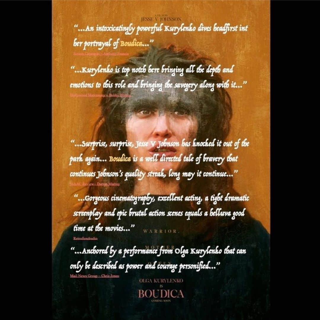 オルガ・キュリレンコのインスタグラム：「“An intoxicatingly powerful Kurylenko dives headfirst into her portrayal of Boudica, projecting her character’s violent change and emotional chaos with subtle power. Forced from royalty to becoming a leader and warrior, the actress combines so many emotions into just the tone of her voice or the strength written on her brave face. Through Kurylenko’s dedication, the audience is fully aligned with Boudica in her quest for vengeance.”  See the movie this week in select theaters in the US and on demand in the US and UK ~ Boudica Queen of War.  Infinitely grateful for such wonderful reviews 🙏 and to the wonderful @jessevjohnson」