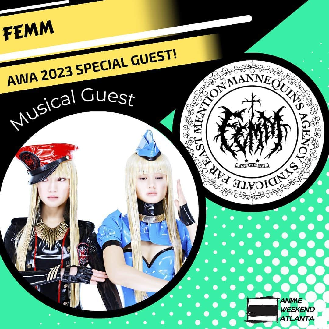 FEMMのインスタグラム：「【Anime Weekend Atlanta】  Date: Oct 26-29th Place: Renaissance Waverly and Cobb Galleria (Atlanta, Georgia)  — 🆕update! FEMM appearance are…  Fri, 27th:  4:30pm- FEMM’s concert ① [Main Events] 7:30pm- Autograph session [Room 120]  Sat, 28th:  12:30pm- Q&A [Highlands]  2:00pm- Autograph session [Exhibit Hall]  Sun,29th:  3:00pm- FEMM’s concert ② [Main Events] —  See you really soon!  US agents🇺🇸✨ R/L  @animeweekendatlantaofficial #AWA2023 #FEMM #LastFEMMIsation」