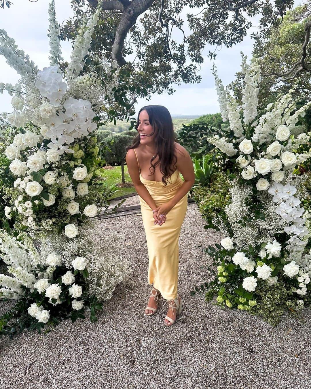 Beginning Boutiqueのインスタグラム：「Obsessed ✨ Angel @georgia_chrisholm wears our Mariana Yellow Lace Bust Midi Dress!」