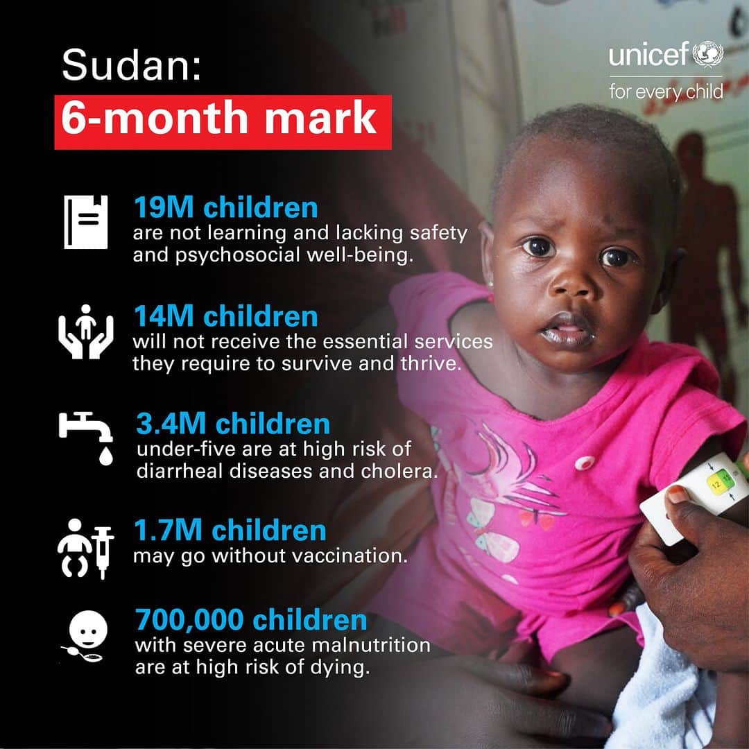 のインスタグラム：「The futures of 24 million children in Sudan are at risk as the conflict rages on and access to basic services continues to be disrupted.  The #CostOfInaction for Sudan is already unacceptably high.  We need your urgent support. Donate today to save lives. Link in bio.」