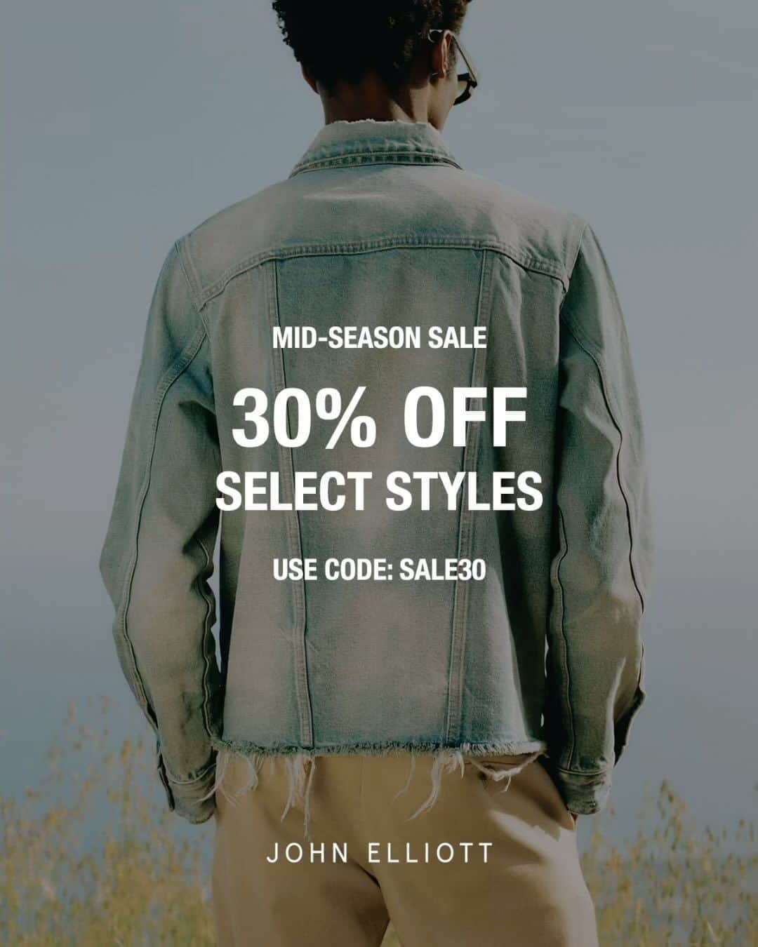 ジョン エリオットのインスタグラム：「The Mid-Season Sale is Now Live. For a limited time, take 30% off select styles with code ‘SALE30’ at checkout. Link in stories and bio.」