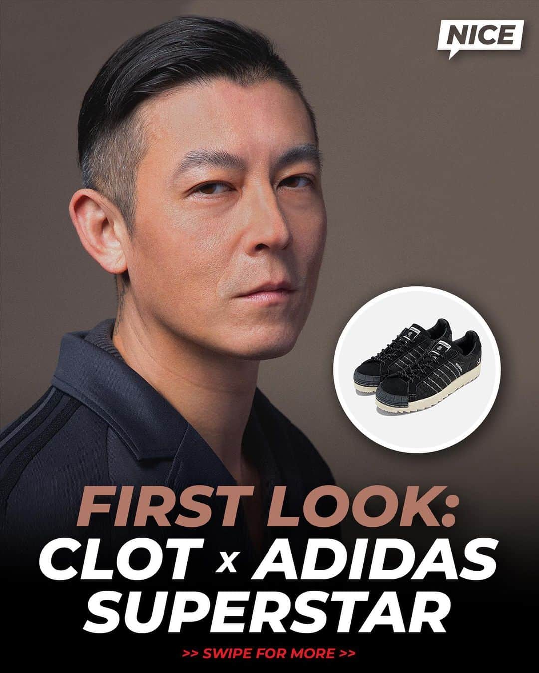 のインスタグラム：「@edisonchen is taking his talents (@clot) to adidas 👀  The @adidasoriginals by Edison Chen partnership was announced during the Shanghai Fashion Week SS24 show 🇨🇳  Previewed at the show was the Clot x Neighborhood x adidas Superstar. Thoughts on the pair? 🤔  LINK IN BIO for more info 📲」