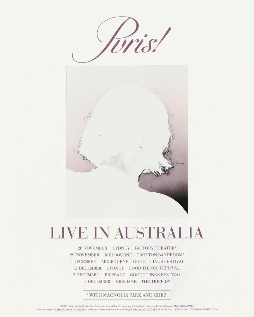 PVRISさんのインスタグラム写真 - (PVRISInstagram)「Australia, pleased to return for three special headlining shows this December with special guests @magnoliaparkfl and @chezwxrld.   Early Bird presale begins Wednesday 18th October at 9AM local, and general on-sale begins Friday 20th October at 9AM local.   Sign-up now for presale. goodthingsfest.com/gt23sideshows  Photo by @vess.ed」10月16日 2時03分 - thisispvris