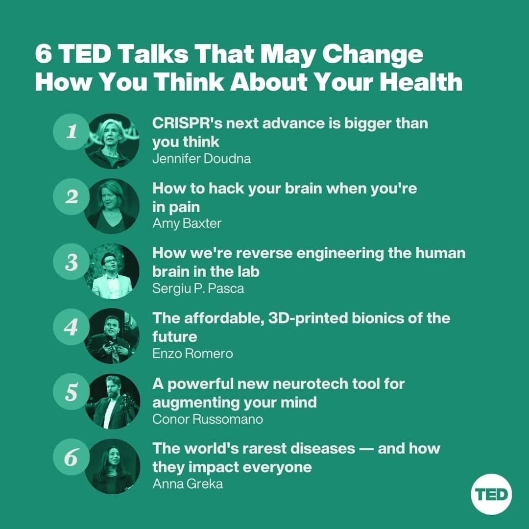 TED Talksのインスタグラム：「Exciting news: The future of medicine is closer than you think! These 6 TED Talks explore pioneering health tech on the horizon. From 3D-printed bionic limbs to growing human brains inside a lab, these trailblazing talks show us that a healthier, more inclusive future is almost here. Visit the link in our bio to see the full playlist.」