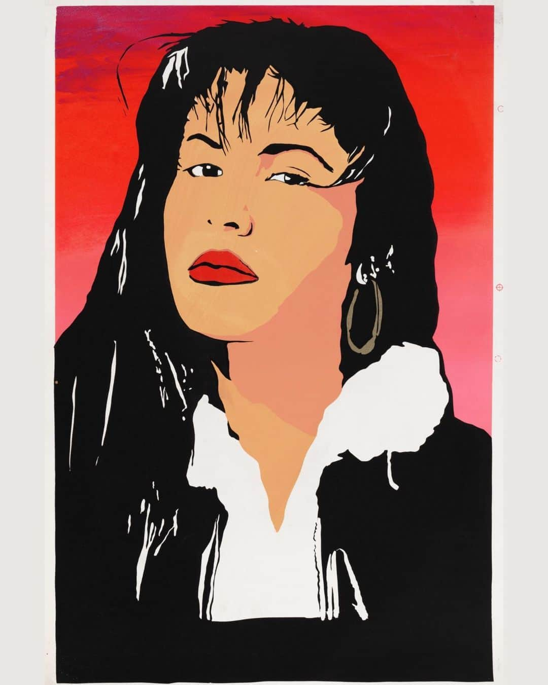 スミソニアン博物館のインスタグラム：「¡Bidi Bidi Bom Bom!   Known as the “Queen of Tejano Music,” Selena Quintanilla-Pérez performed a fusion of cumbia, pop and contemporary Tejano music. Tejano originates in Texas, influenced by polka, rock, conjunto and mariachi, with roots in working class Mexican American communities. Rising to fame in the late 1980s, Selena exposed the already-popular genre to mainstream audiences, helping to transform the regional genre into an international phenomenon. She won a Grammy award for the best Mexican American album in 1994.   Selena’s hard-won fame was cut short at the age of only 23 when she was murdered by her friend and former business manager, but her music and fashion continue to transcend generations.   Thank you for following our @USLatinoMuseum this #HispanicHeritageMonth  #SmithsonianHHM   🎨: Rodolfo O. Cuellar, “Selena, A Fallen Angel,” 1995, screenprint on paper, @AmericanArt, Museum purchase through the Julia D. Strong Endowment, 2020.36.1, © 2020, Rodolfo O. Cuellar」