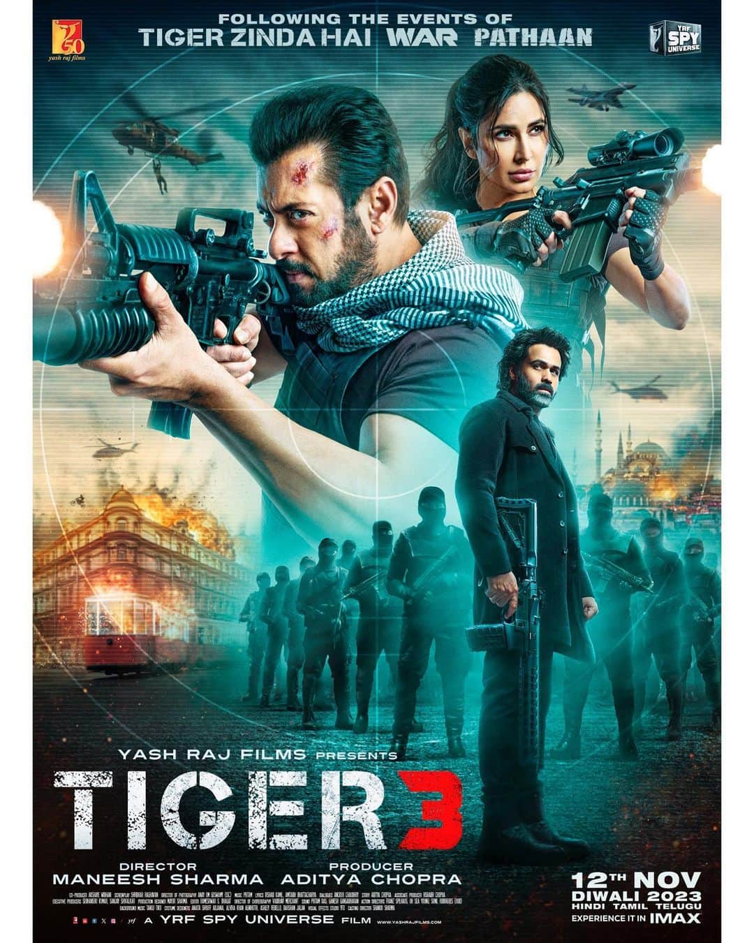 サルマン・カーンのインスタグラム：「It is here! #Tiger3Trailer Watch NOW. (Link in bio)   #Tiger3 arriving in cinemas on 12th November.   Releasing in Hindi, Tamil & Telugu.   @katrinakaif | @therealemraan | #ManeeshSharma | @yrf | #YRF50 | #YRFSpyUniverse」