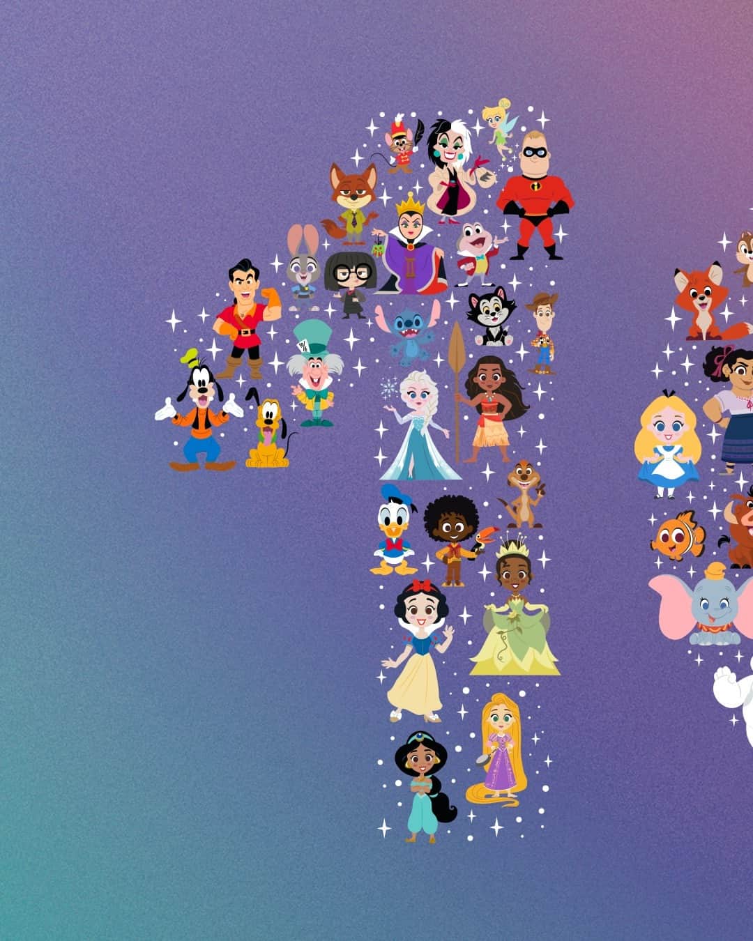 Disneyのインスタグラム：「Today we celebrate a century of unforgettable magic! 🪄✨ 100 years ago today, in 1923, Walt and Roy Disney founded the company that would become The Walt Disney Company. We're celebrating #Disney100 with 100 of our most iconic characters! Can you spot your favorites?」