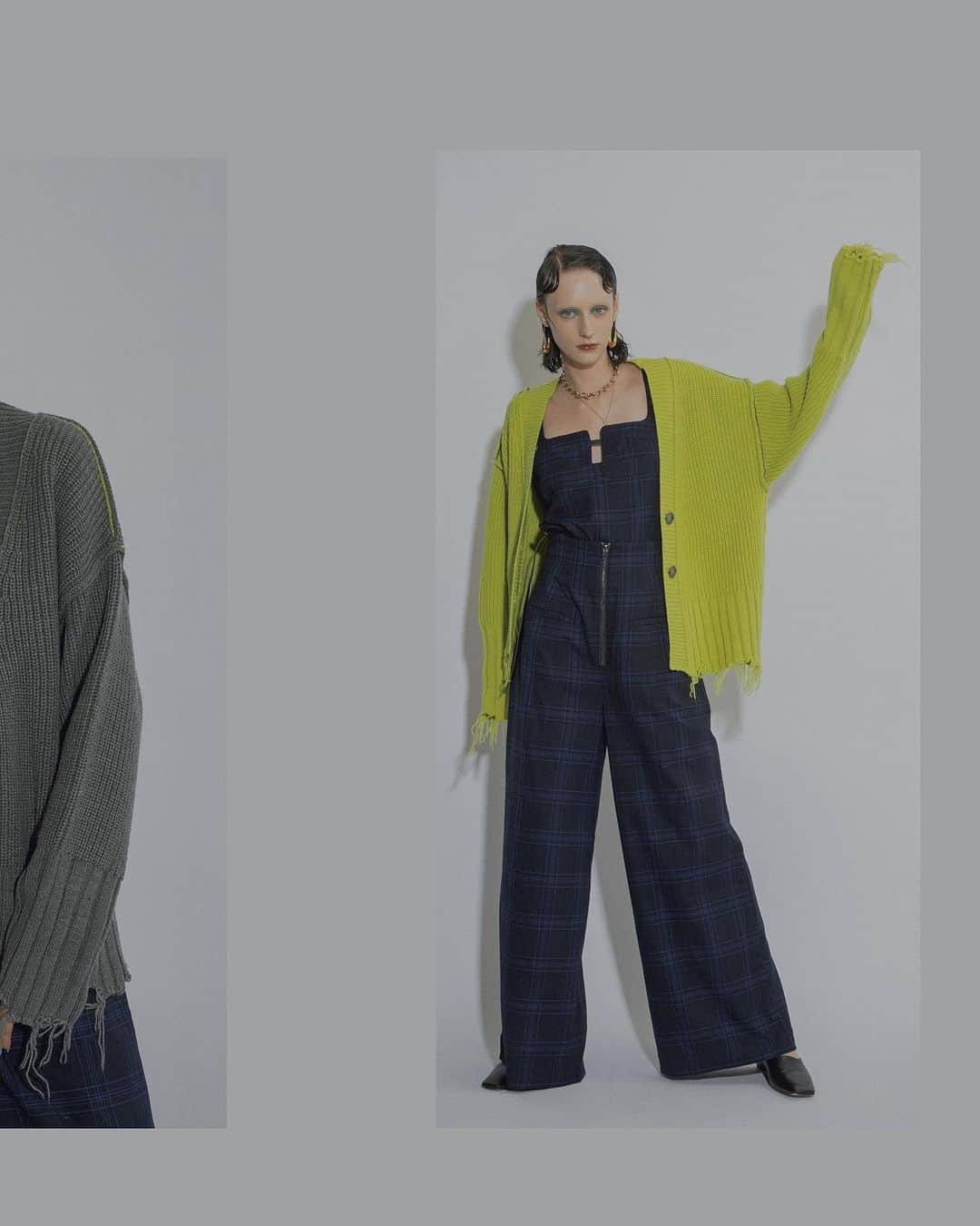 AULA AILAのインスタグラム：「【2023 WINTER COLLECTION】  ASYMMETRY CRASH KNIT CARDIGAN COLOR GRAY/YELLOW GREEN SIZE 0 ¥20,900  3WAY SEPARATE SALOPETTE COLOR BLUE(CHECK) SIZE 0/1 ¥29,700  ✔️AULA AILA OFFICIAL WEB STOREにて発売中」