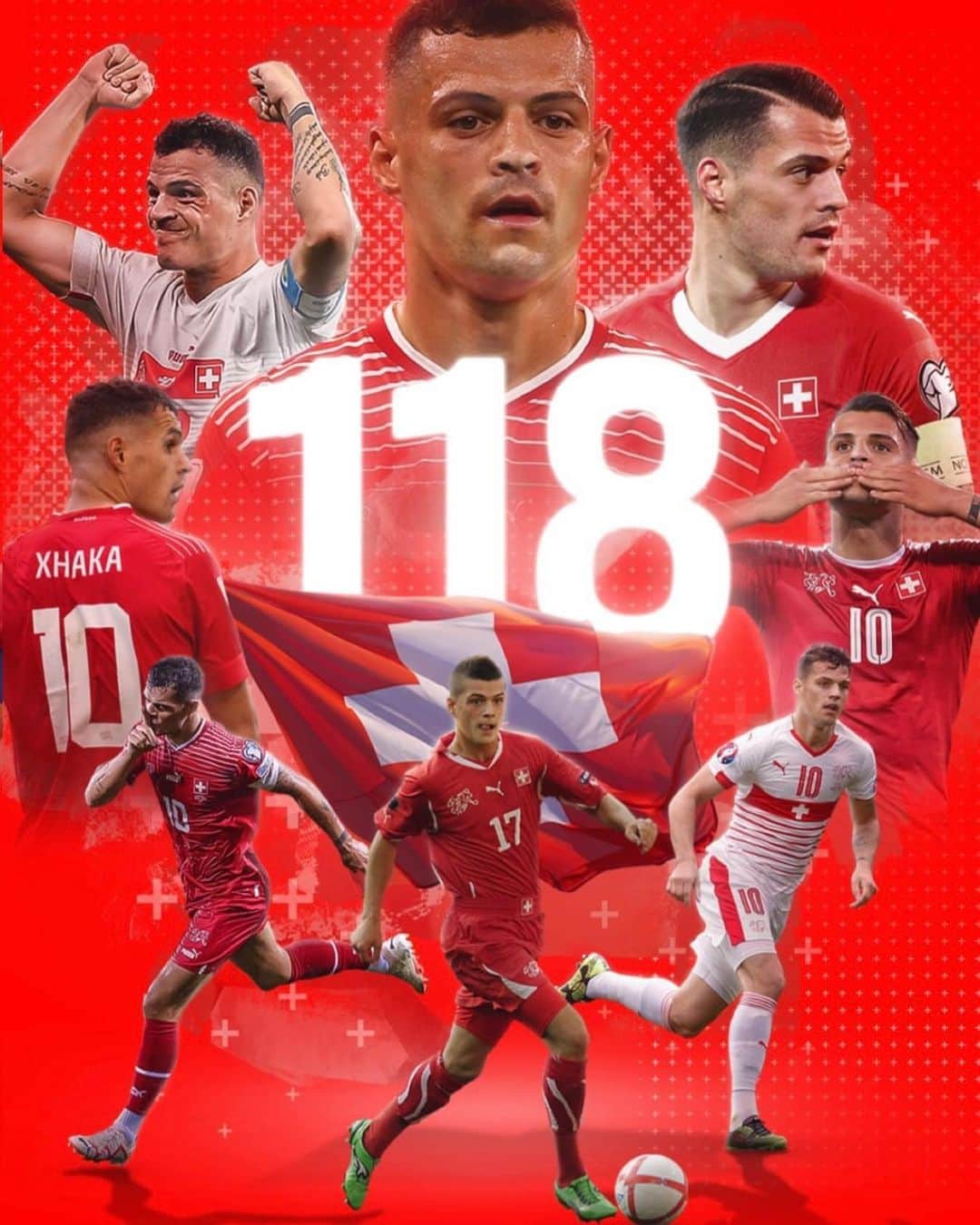 グラニト・ジャカのインスタグラム：「What an incredible honour to become record holder in the @swissnatimen together with the great Heinz Hermann 🇨🇭 A big thanks to all the people who have been supporting me. Family, friends, coaches, staff and teammates. Without you it wouldn’t have been possible to reach 118 appearances for Switzerland. And a special thanks to the fans. It’s always a big privilege to play for Switzerland and in front of you. Danke, merci, grazie & engratziel fetg❤️ A lot more to come💪 #GX10」