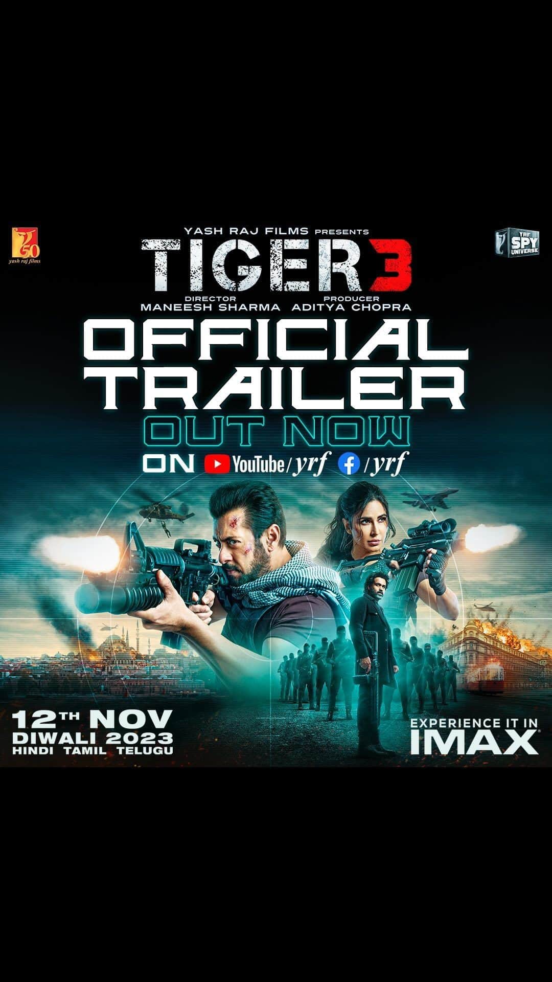 サルマン・カーンのインスタグラム：「Tiger se dushmani sabko bhaari padti hai. This time it’s personal!  Watch #Tiger3Trailer now. (Link in bio)  #Tiger3 arriving in cinemas on 12th November. Releasing in Hindi, Tamil & Telugu.   @katrinakaif | @therealemraan | #ManeeshSharma | @yrf | #YRF50 | #YRFSpyUniverse」