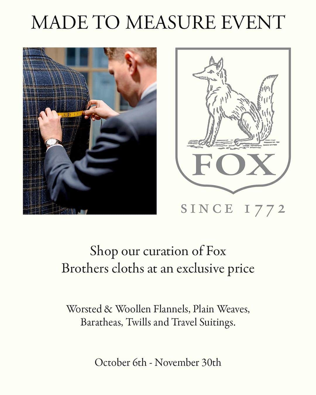 ニュー&リングウッドのインスタグラム：「For 250 years, Fox Brothers has produced some of the finest woollen cloths in England. Not only do we feature their fabrics in many of our Autumn/Winter collection, but we are now also proud to offer our an exclusive price on a curated selection of Fox Bros. fabrics.  Until the 30th of November, get a Made-to-Measure suit in Fox Brothers flannel, plain weave, barathea, twill and travel suiting for £1995. Available in our Jermyn St location.」