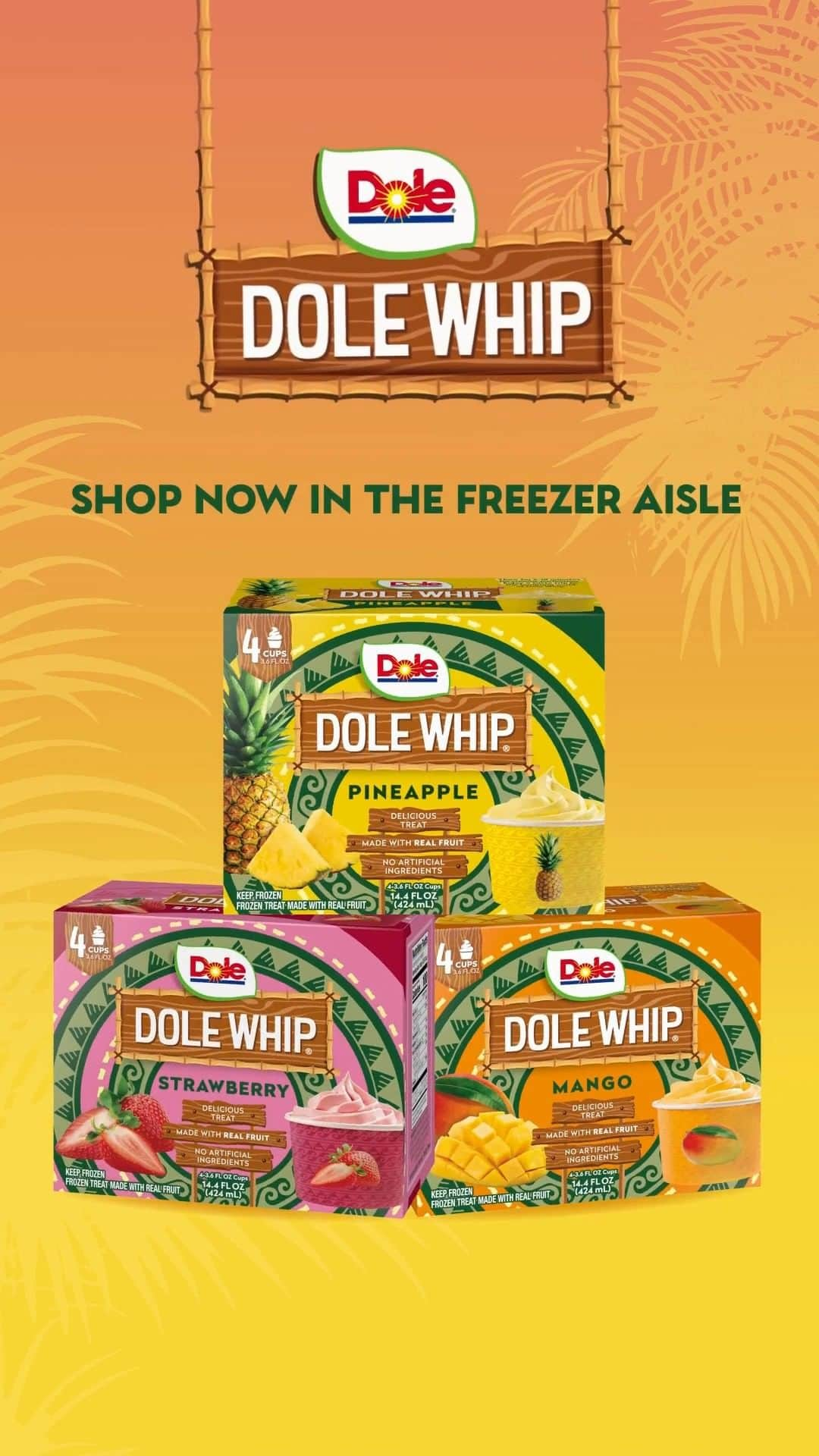 Dole Packaged Foods（ドール）のインスタグラム：「🍓 🥭 🍍 The terrific trio: real fruit, organic coconut cream, and a touch of honey. Whipped into a creamy, velvety smooth burst of fruit flavor. Dole Whip® is the perfect frozen treat! #DoleWhip #RealFruit #DeliciousTreat #TopicalDelight #DairyFree #FrozenTreat」