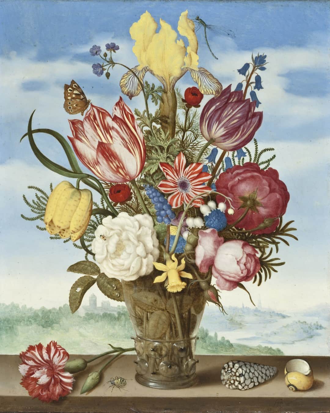 ロサンゼルスカウンティ美術館のインスタグラム：「Some of our favorite details 🌷 🐚 🦋 🐞 💐   Bosschaert's intricate 'Bouquet of Flowers on a Ledge' (1619) is currently on view in The World Made Wondrous: The Dutch Collector’s Cabinet and the Politics of Possession  🔗  in bio for more ↑」
