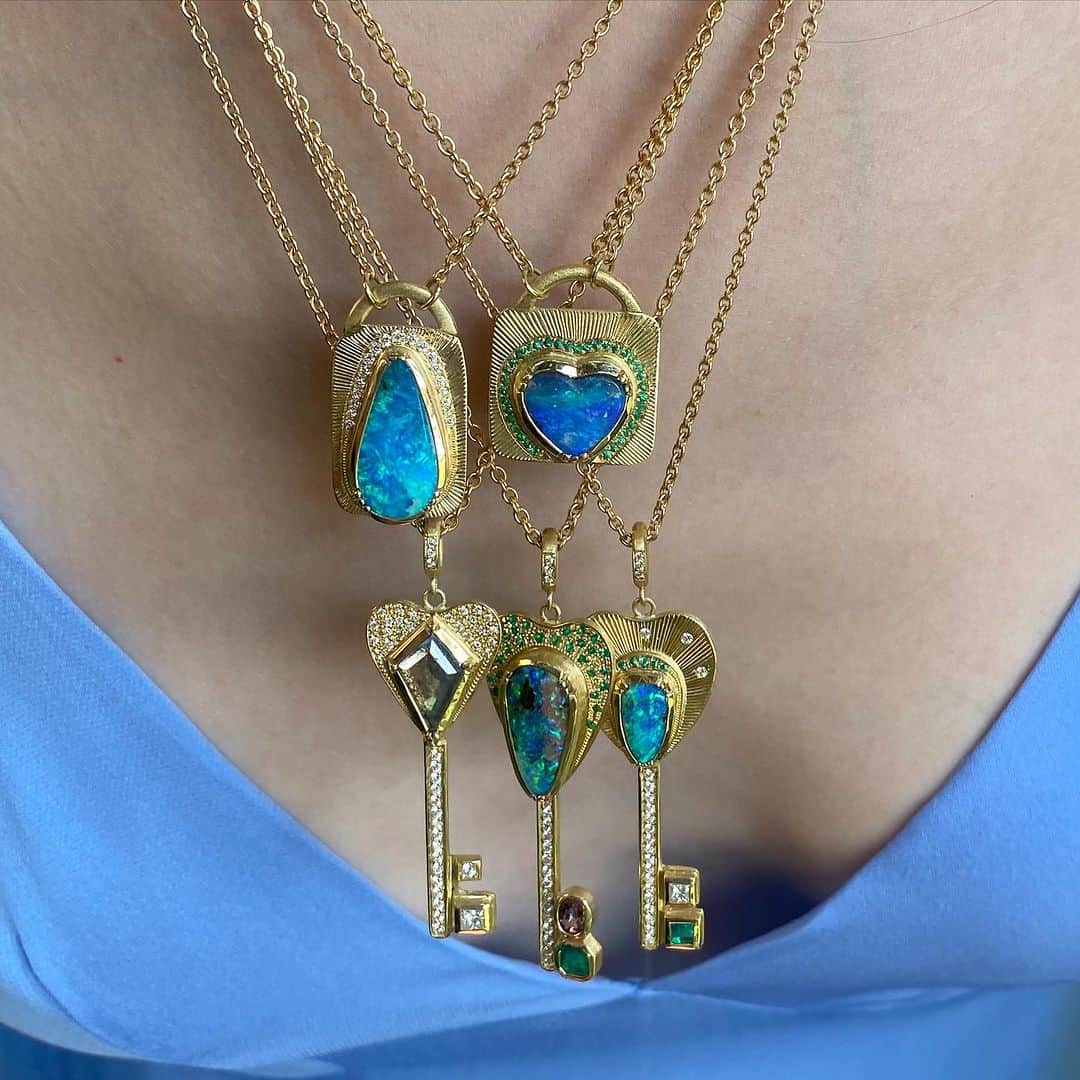 のインスタグラム：「Unlocking the key to your own individual self and ♥️ with one of a kind hand engraved Gemstone Diamond Key and Lock necklaces. ♥️🔑 🔐 💫 second image @dannyscottlane Stylsit  @marisa_ellison」