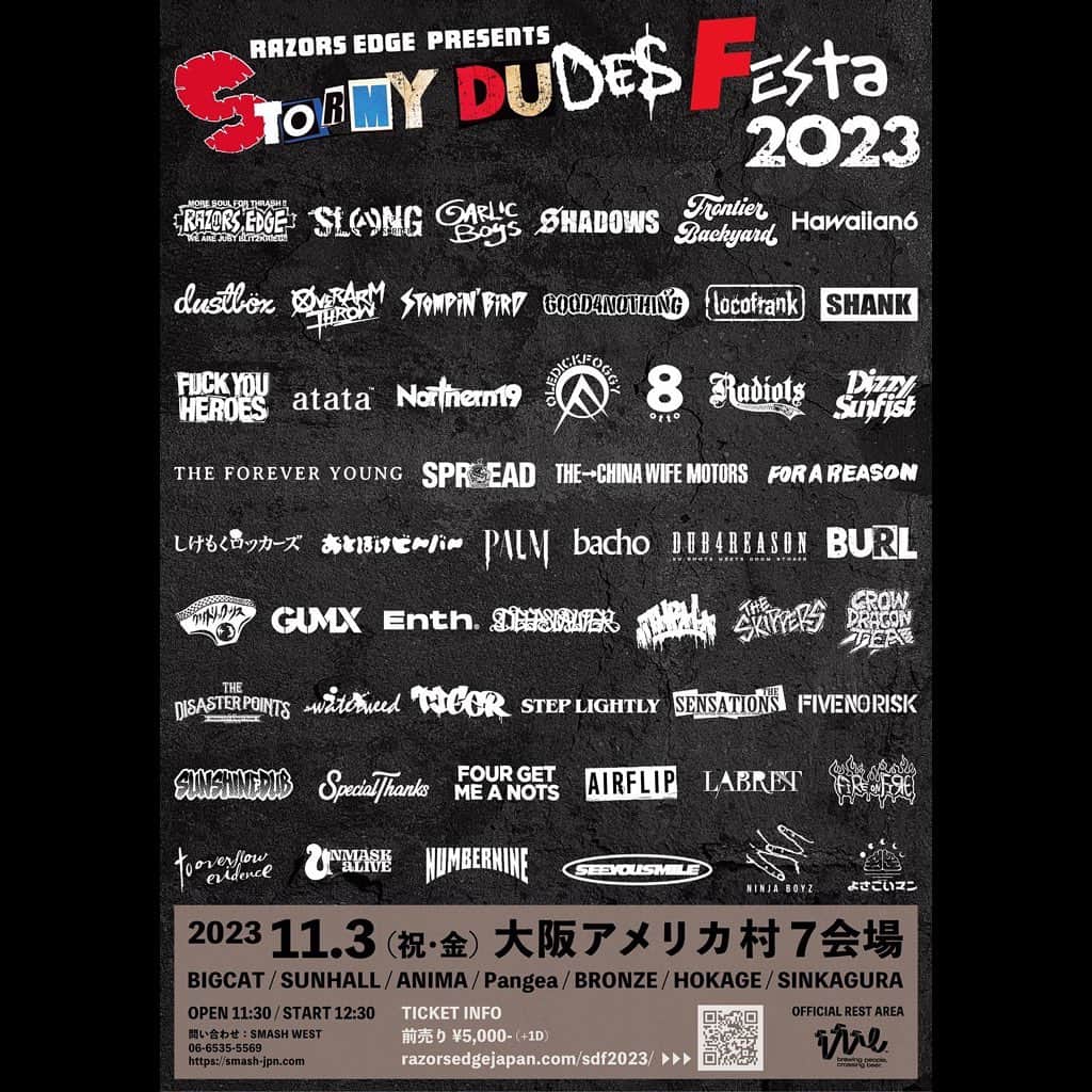SHADOWSさんのインスタグラム写真 - (SHADOWSInstagram)「RAZORS EDGE PRESENTS STOMY DUDES FESTA 2023タイムテーブル公開！  日程: 11月3日(金祝) 会場: 大阪アメリカ村7会場  SHADOWSの出演はBIG CAT 2nd STAGE 13:10〜！  #ストーミー2023」10月16日 17時38分 - shadows_japan