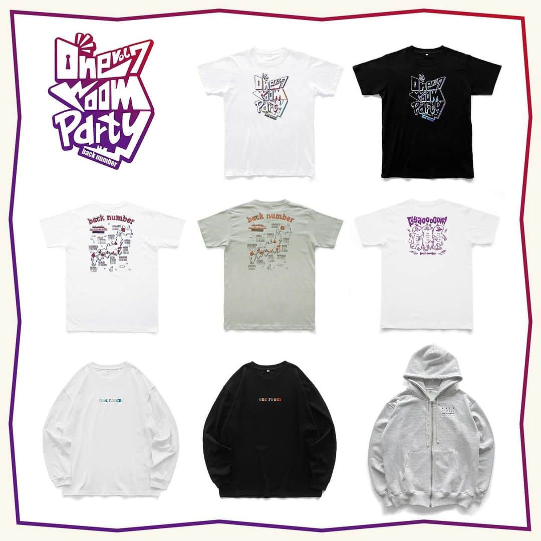 のインスタグラム：「ファンクラブ限定ツアー🔑『one room party vol.7』ツアーグッズ公開&オンラインストア先行販売決定🎉  ⏰ツアーグッズ 1次先行受注期間 10月18日(水)18:00 ～ 10月24日(火)23:59  ぜひ先行販売をご利用ください！  goods詳細は公式サイトをご確認下さい🛍️  #backnumber #oneroompartyvol7」