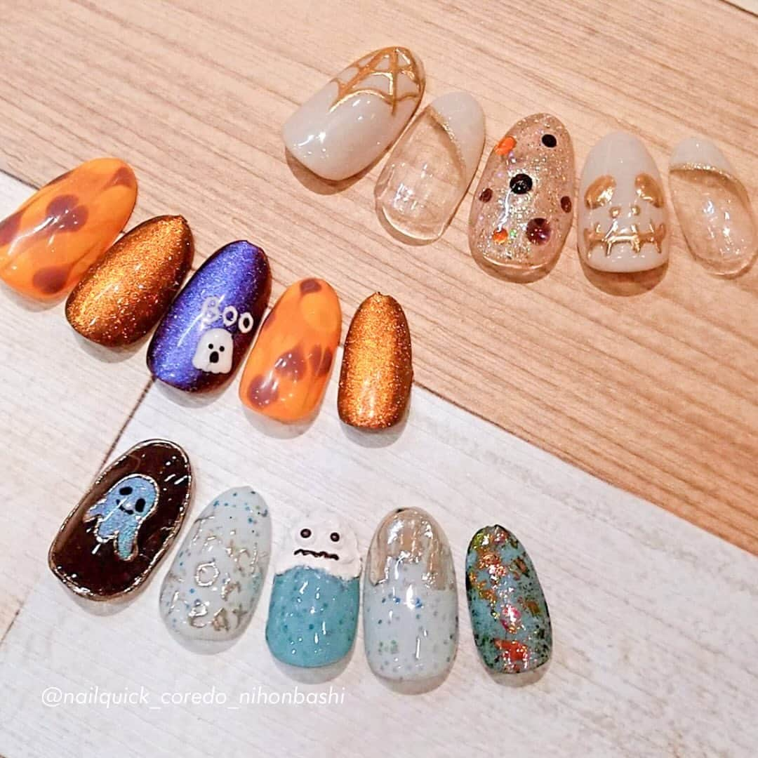 ネイルサロンならネイルクイックのインスタグラム：「@nailquick マグネットやミラーアートdeハロウィンネイル👻⁣ ⁣ 〰️🏷①⁣ @nailquick_coredo_nihonbashi ⁣ ネイルクイックコレド日本橋店⁣ ⁣ ⁣ 〰️🏷②③⁣ @nailquick_kyodocorty ⁣ ネイルクイック経堂コルティ店⁣ ⁣ ⁣ 〰️🏷④⁣ @spanail_otemachi ⁣ スパネイル�大手町店⁣ ⁣ ⁣ 〰️🏷⑤まいめ⁣ @nailquick_periechiba ⁣ ネイルクイックオアシスペリエ千葉店⁣ ⁣ ⁣ 〰️🏷⑥まいめ⁣ @nailquick_lumine_ikebukuro ⁣ ネイルクイックオープティボヌールルミネ池袋店⁣ ⁣ ⁣ 〰️🏷⑦まいめ⁣ @nailquick_lazona_kawasaki ⁣ ネイルクイックラゾーナ川崎店⁣ ⁣ ⁣ ⁣ ⁣ ⋱⋰ ⋱⋰ ⋱⋰ ⋱⋰ ⋱⋰ ⋱⋰ ⋱⋰⁣ ⁣ デザインに使われているカラー、ストーン、パーツ等に関しましては、店舗によって在庫状況が異なります。⁣ 在庫切れの場合は、似ているカラー、ストーン、パーツをご案内させていただくことがございますので、あらかじめご了承ください。⁣ ⁣ ⁣ パーツの持ち込みOK です🙆🏼‍♀️⁣ ━━━━━━━━━━━━━━━━━━⁣ 📲@nailquick ネット予約のメニュー⁣ ⁣ 【ハンド】ジェルコース＋フレンチなどお好みのアート両手4本以上（税込8800円＋アート代別）（目安:1時間45分） ⁣ ━━━━━━━━━━━━━━━━━━⁣ ⁣ ⁣ ⋱⋰ ⋱⋰ ⋱⋰ ⋱⋰ ⋱⋰ ⋱⋰ ⋱⋰⁣ ⁣ ⁣ 🟫#ネイルサロン は @nailquick⁣ 🟪#ジェルネイル は @nailparfaitgel⁣ ⬜️#ハンドケア には @spanail_product⁣ ⁣ ⁣ ⁣ 🤚🏼✋🏼 #ネイルクイック⁣ ⁣ お爪の健康を考えたネイル専門店⁣ ケア、マニキュア、ジェルネイル、お客さまのご要望やお爪の状態を伺い、一人ひとりにあうメニューをご提供します。⁣ ⁣ ⋱⋰ ⋱⋰ ⋱⋰ ⋱⋰ ⋱⋰ ⋱⋰ ⋱⋰⁣ ⁣ ⁣ #ハロウィンネイル #ハロウィンネイルデザイン #ハロウィンアート #おばけネイル #蜘蛛の巣ネイル #Halloweennails #boo! #トレンドネイル #流行りネイル #할로윈네일 #イベントネイル #ペイントネイル #マグネットネイル #ギャラクシーネイル」