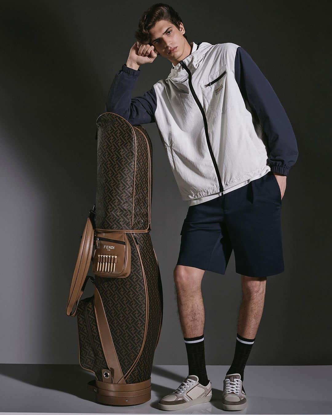 Fendiのインスタグラム：「A sophisticated selection of essentials is elevated by the Maison's signatures in Fendi Golf.  The capsule is now available in select locations and at Fendi.com.  Artistic Director of Accessories and Menswear: @silviaventurinifendi  Artistic Director of Jewellery: @delfinadelettrez   Styling: @ganio Hair: @ramoneyluv Makeup: @samiamohsein  Casting: @piergiorgio Model: Hedi Ben Tekaya  Photography: @brunostaub」