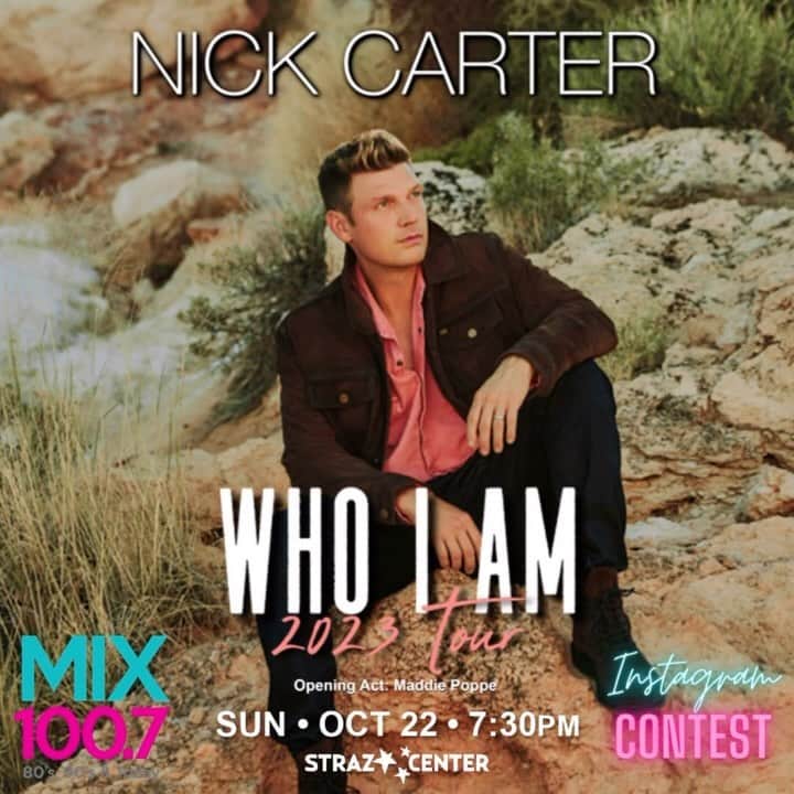 ニック・カーターのインスタグラム：「Mix 100.7 has your chance to win a pair of tickets to see Nick Carter: Who Am I Tour, coming to the Straz Center on October 22nd.  Here’s how to enter to win: 📲 Follow @tampabaysmix  ❤️ Like this post 💬 Comment AND 🏷️ Tag a friend 🙋‍♀️ 🙋‍♂️  #️⃣ Use #MIXNICKCARTERSWEEPSTAKESENTRY In your post.   Best of luck during this Mix 100.7 Insta Winning Week with @nickcarter ! 📷 🏆  #Mix1007 #NickCarter #BSB #Contest #InstagramContest  Contest start: Mon., 10/16 at 8:00am Contest End: Wed., 10/18 at 11:59pm   Log in to your Instagram account and follow Mix 100.7 Instagram page (@tampabaysmix ). Then, like and comment on the contest image with the Instagram handle of one or more friends. Comments posted prior to the start of the Entry Period will not be eligible for entry or accepted. Limit: one hundred (100) entries per person/Instagram account during the entire Entry Period. Entries that do not include any other specified description will be void. In order for your entry to be valid, your Instagram profile must be public.」