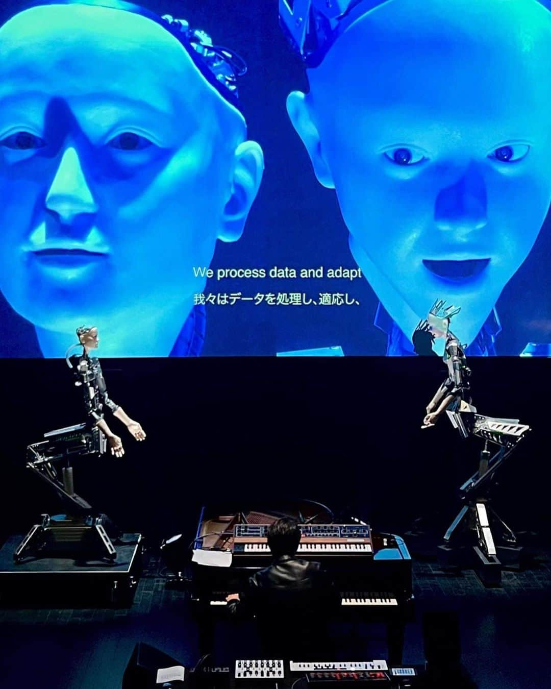 渋谷慶一郎のインスタグラム：「IDEA  A Dialogue on Love, Death and Existence by Two Androids  Keiichiro Shibuya + Takashi Ikegami  Credit  Androids: Alter3、Alter4 Script: GPT Music, Concept: @keiichiroshibuy  Alter3 programming: Takahide Yoshida, johnsmith Alter4 programming: @pseudotaro  GPT technical support: @obake_ai   Alter3 belongs to Ikegami Lab. of Tokyo University @alltbl  Alter4 belongs to @geidai_documentgram  Alter4 pedestal design: Kazuyo Sejima & Associates  Video: Kotaro Konishi Sound: @sue.yuki.sue  Stage Manager: Kazuya Kushimoto Production Support: Sota Kawagishi, @lkts.thunder  Production Management: @natsumi710_   Cooperation: Osaka University of Arts Technical Support: Yamaha Corporation, ©2023 Dreamtonics Co., Ltd. Production Support: Communication Design Center Production: ATAK Organizer: 21st Century Museum of Contemporary Art, Kanazawa (Kanazawa Art Promotion and Development Foundation)  13,14 October 2023 At @21_kanazawa Curated by @yukohasegawa1   #android #humanoid #artificialintelligence #GPT #kanazawa21stcenturymuseum #kanazawa21stcenturymuseum #contemporarymuseum」