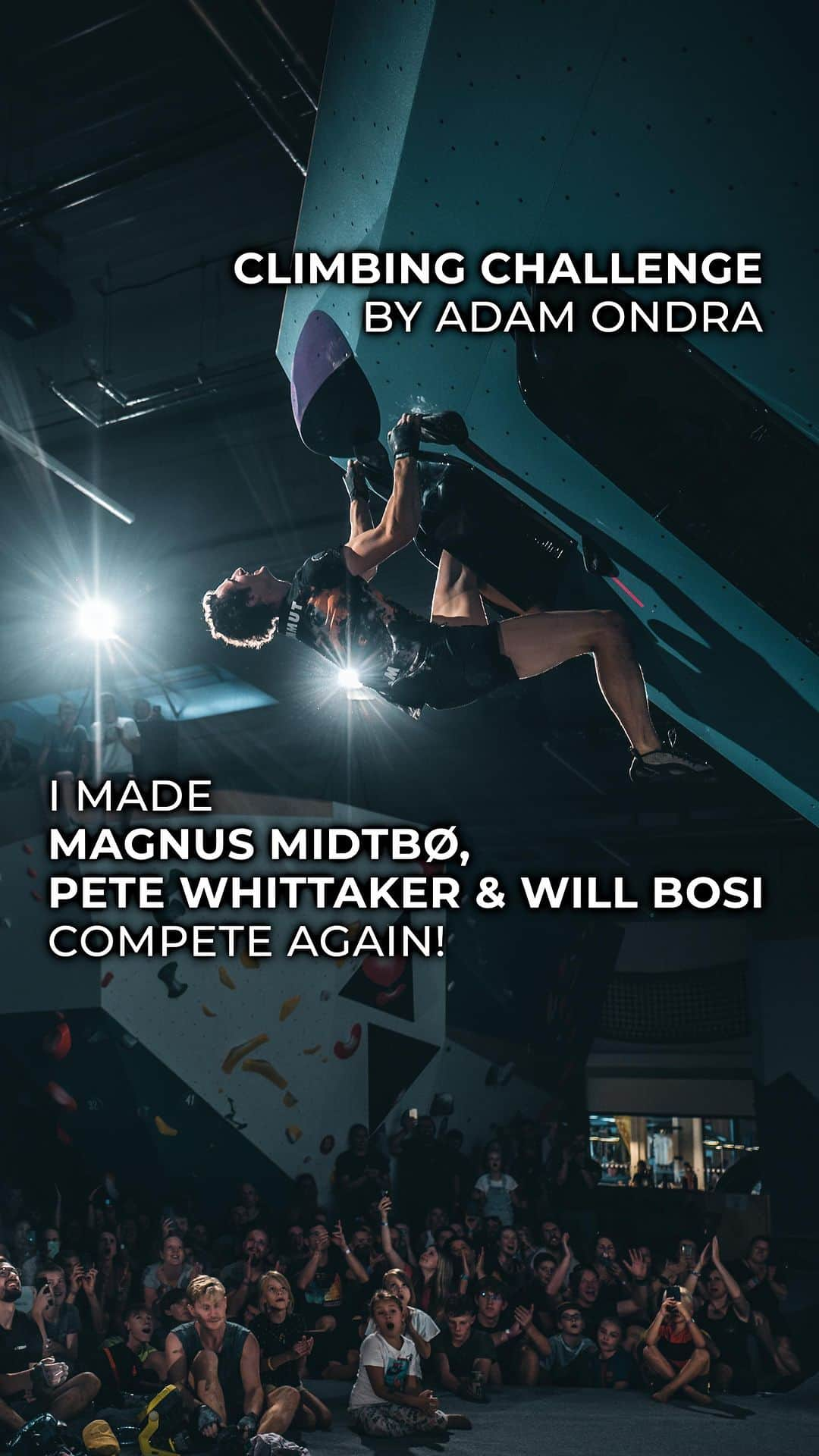 アダム・オンドラのインスタグラム：「You’ve never seen a comp like this ☝️ I invited @magmidt, @will_bosi and @petewhittaker01 to the brand-new climbing gym @hangarostrava in Czechia 🇨🇿. We had a totally full house in the gym with lots of climbers eager to climb the first boulder problems and enjoying the side events 👌 We even had an extraordinary visitor from the world of MMA - the co-owner and promoter of the well-known MMA organization @oktagonmma - @ondrejnovotny, who fought a boulder called “Omoplata” - that was technical and the use of hands was almost pointless 😎  And the main exhibition came 🔥 Each of us set a specific boulder problem, and each of us built a boulder that fit our own style, hoping that the others would not be able to send it 😅 How did this challenge full of strength moves, crimps, hard cracks by @wide_boyz, small pinches and tricky slopers by @euroholds turn out? 🤜🤛  Watch the new video on my YouTube channel (the link is in BIO), and tell me which boulder you liked the most in the comments 👌  Movie by @janvogl_kameruje   #adamondra #AO #bouldering #climb #climbing #climbinggym #climbinglife #hangarostrava #czechia #sport #contest #challenge @mix.it @sensfoods」