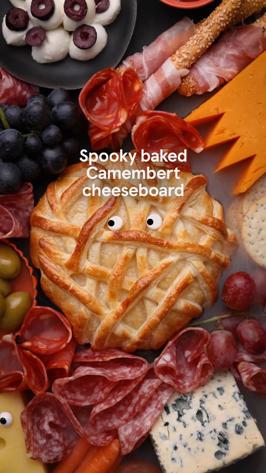 Tesco Food Officialのインスタグラム：「Give your cheeseboard a scary twist with this pastry baked camembert 🎃 Serve with zom-brie and ‘boo’ cheese for a Halloween feast. Head to the link in bio for the recipe - if you dare!」