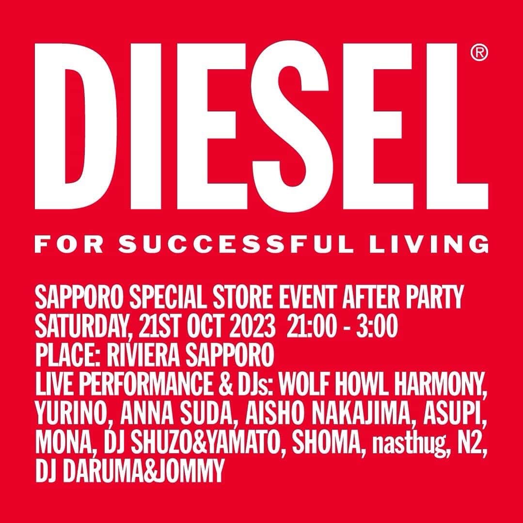 Riviera sapporoのインスタグラム：「2023/10/21 DIESEL FOR SUCCESSFUL LIVING  @wolf_howl_harmony @yurinoxx @annababychan__ @aishonakajima @asupi_pipi @mona712 @shuzo___3120 @yamatoinoue__0612 @shoma8108 @nasthug @bananaoka @djdaruma @jommytokio  @diesel @sapporoparco_dieselstore」