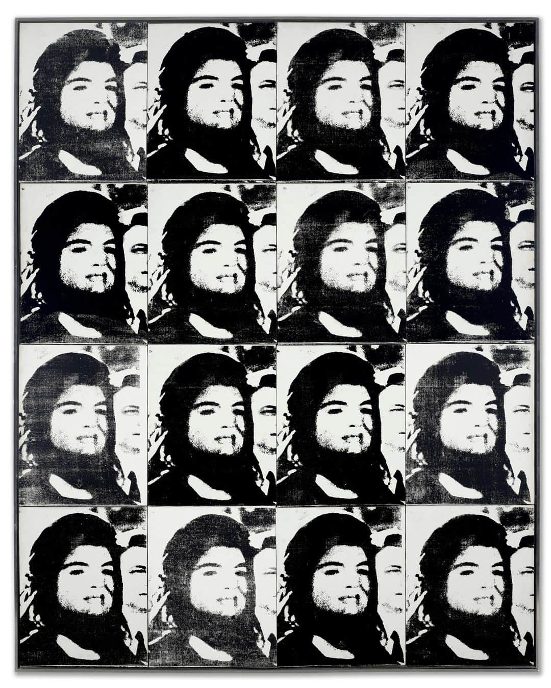 クリスティーズのインスタグラム：「Andy Warhol’s ‘Sixteen Jackies’   As the world began to process the death of President John F. Kennedy, the public face of the overwhelming loss was the former First Lady Jacqueline Kennedy. Overnight, her image as one of the most beautiful and glamorous women in the world was transformed into one of sorrow as she became the country’s barometer of emotion and a symbol of survival. Her displays of public mourning have become some of the most poignant images of the twentieth century, their enduring legacy due—in part—to Warhol’s iconic depictions of her.    As the only work from the series that repeats the same image of a veiled Jackie in a 4 by 4 grid in one monochromatic palette, ‘Sixteen Jackies’ memorializes the enormity of her personal grief as well as the collective shock of the entire world. By repeating the unicolor screen, likened to the black and white colorway of a newspaper, Warhol not only tells the story of one of the darkest days in modern American history, but also examines the power of images in modern society. Andy Warhol’s ‘Sixteen Jackies’ represents the peak of the artist’s ‘Death and Disaster’ series, among the most powerful and perceptive paintings of his career.   We are thrilled to offer ‘Sixteen Jackies’ as a highlight of the New York 20th Century Evening Sale this November.    20th Century Evening Sale| New York | 9 November」