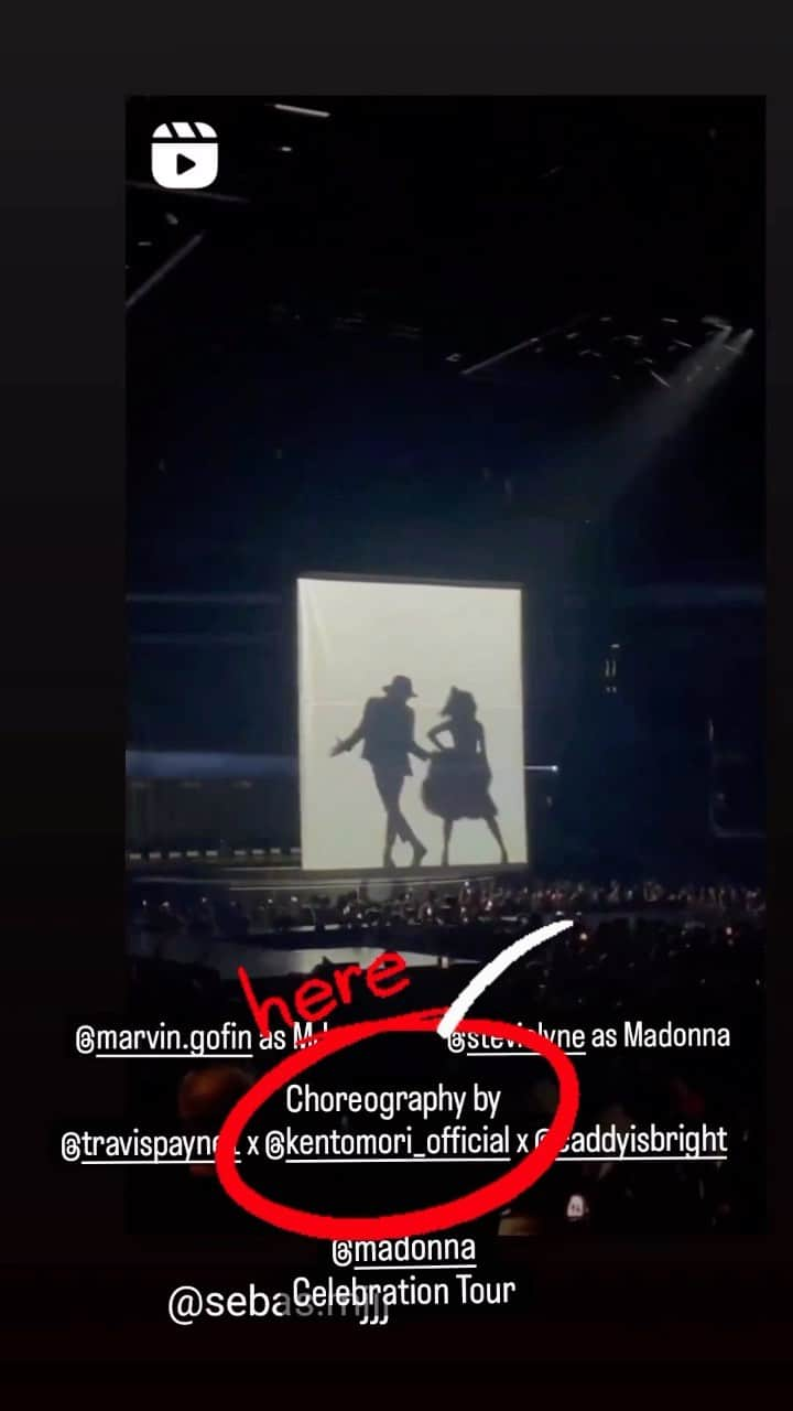 ケント・モリのインスタグラム：「Madonna @madonna Celebration World Tour ❤️‍🔥 I was in charge of the choreography for the co-starring scene between Michael and Madonna 🚨 With Michael's choreographer Travis @travispayne1 and Madonna's choreographer Matt @caddyisbright 🫶 Thank You for Mentioning Me @caddyisbright 🙏 マイケルとマドンナの共演シーンの振り付け担当させて頂きました🚨 マイケルの振り付け師だったトラビス ペインとマドンナの振り付け師であるマット カディと共に🫶 #michaeljackson #madonna #dance #celebration #worldtour」