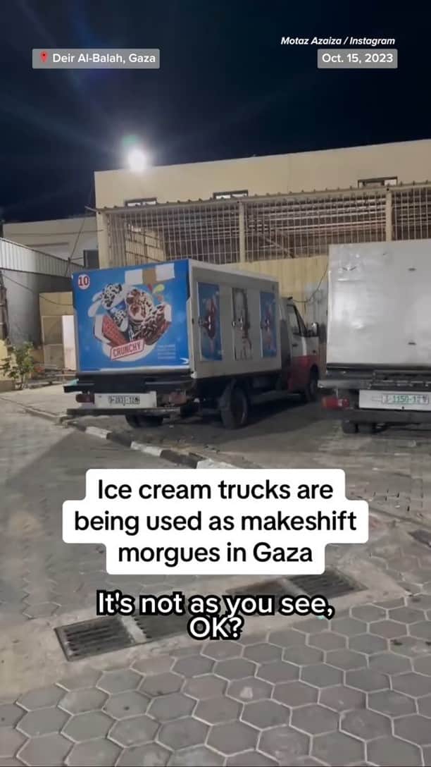 NBC Newsのインスタグラム：「Health officials in Deir Al-Balah, Gaza, are using ice cream trucks to store the bodies of those killed because there is not enough space inside the Shuhada Al-Aqsa Hospital morgue.」