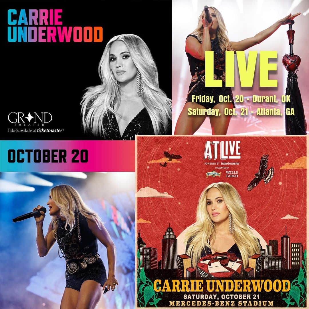 キャリー・アンダーウッドのインスタグラム：「Come see us this week @choctawcasinos in Oklahoma, and @mercedesbenzstadium in Atlanta with @georgestrait, @willienelsonofficial & Family, and @littlebigtown! 🎫:carrieunderwoodofficial.com/tour」